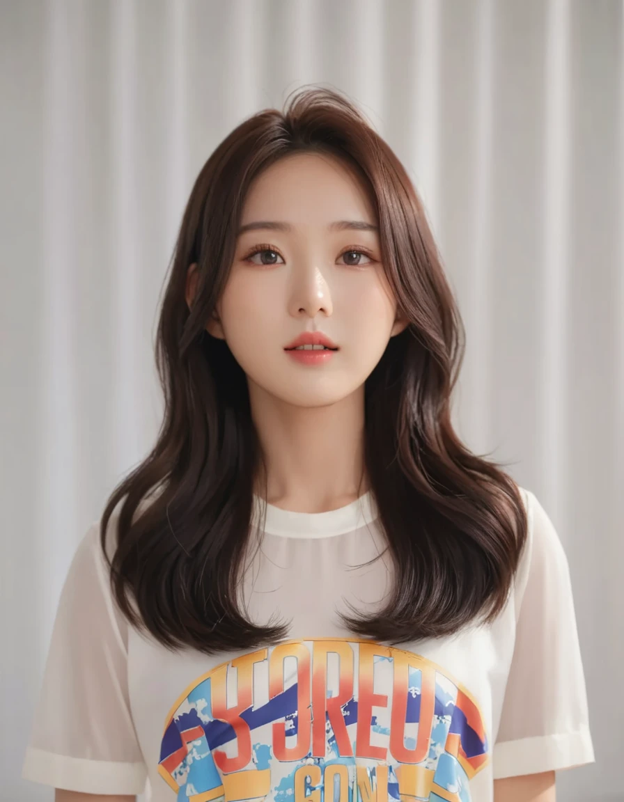 Best Quality, 8k, Masterpiece, (Portrait: 1.3), (photo realistic:1.4), (hyper realistic:1.4), Sharp Focus, looking at viewer, (smoother lighting:1.1), (increase cinematic lighting quality:0.9), realistic lighting, backlighting, light on face, ray trace, (brightening light:1.2), (Increase quality:1.4), sharp detail, (best quality real texture skin:1.4), finely detailed eyes, black_eyes, finely detailed face, 25 year old Korean woman, (white formal_shirt:1.4), (Create an image maintaining the original base model hairstyle:1.5)