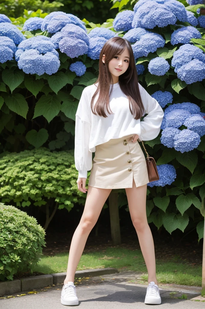 A 22-year-old girl wearing a miniskirt、In the hydrangea park。