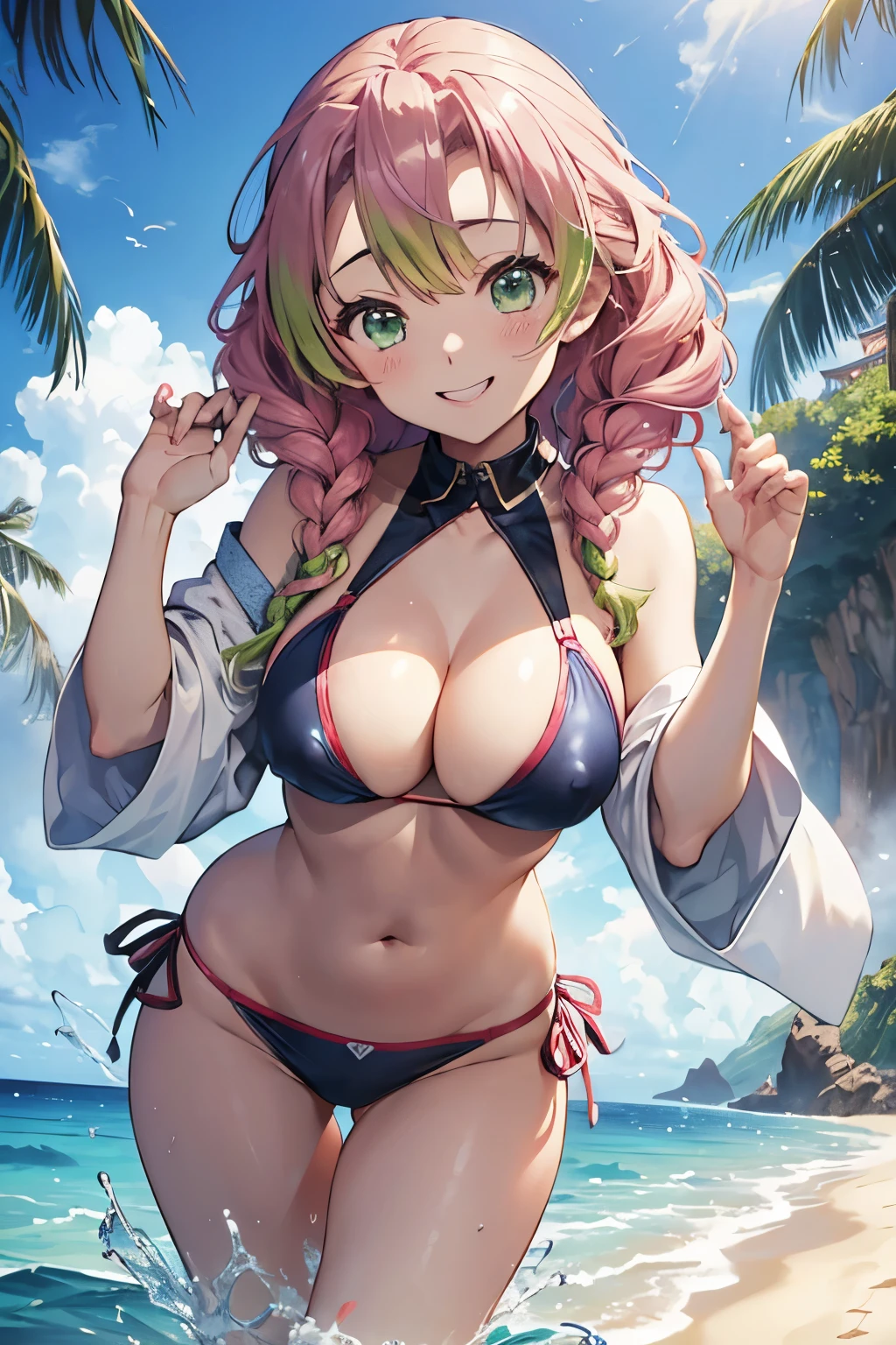 (8K、masterpiece、Highly detailed background、high resolution)、(mitsuri kanroji)、Cleavage、(beach、Swimwear、Splashing water、Gravure pose、Embarrassed smile、Nipple protrusion)