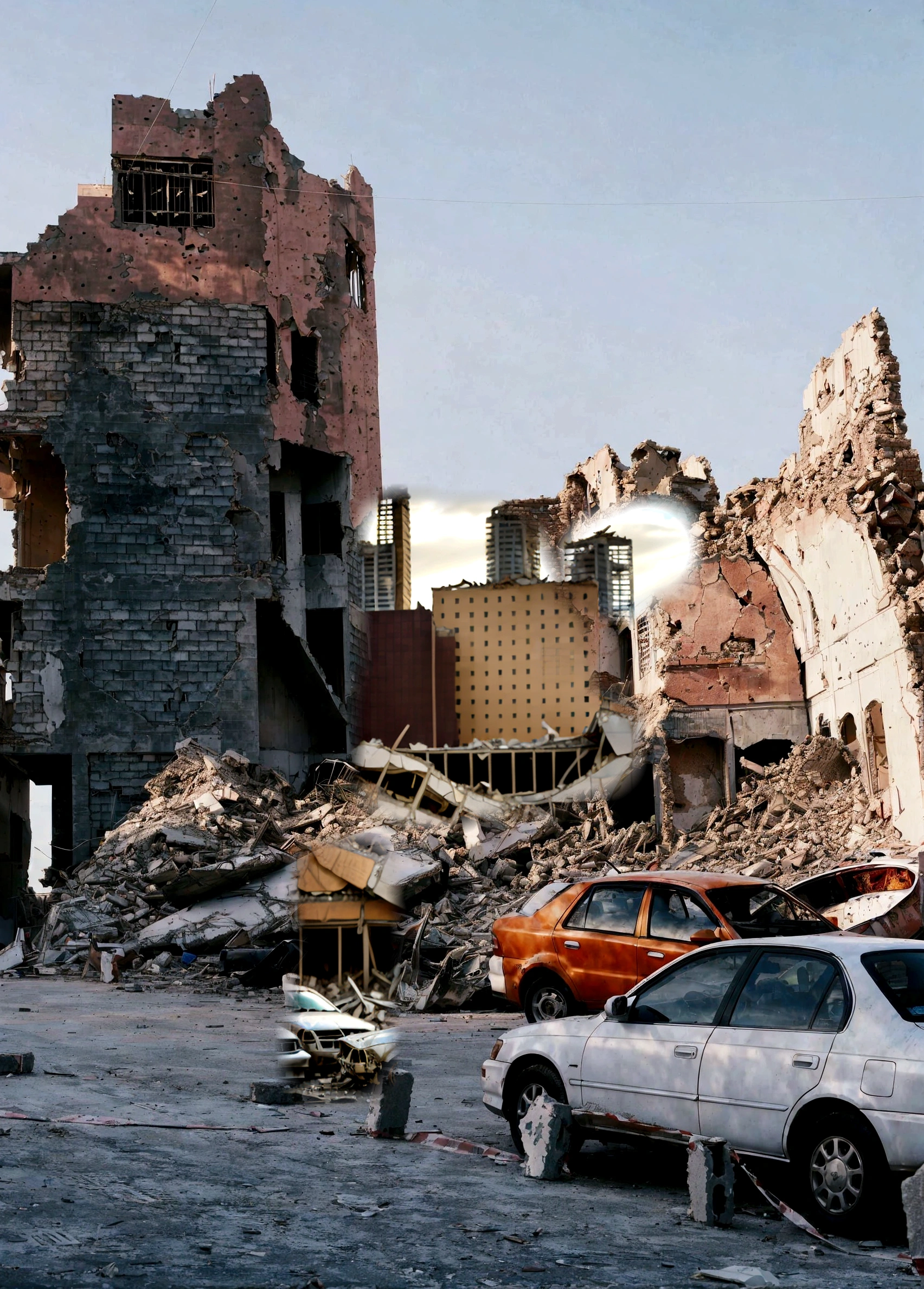 cars parked in front of a building that has been destroyed, destroyed modern buildings, in a ruined cityscape, destroyed buildings, outdoors ruined cityscape, damaged buildings, destroyed city in the background, crumbling buildings, ruined city in background, wrecked buildings, collapsed buildings, building crumbling, ruined buildings, building destroyed, destroyed city, ruined cityscape