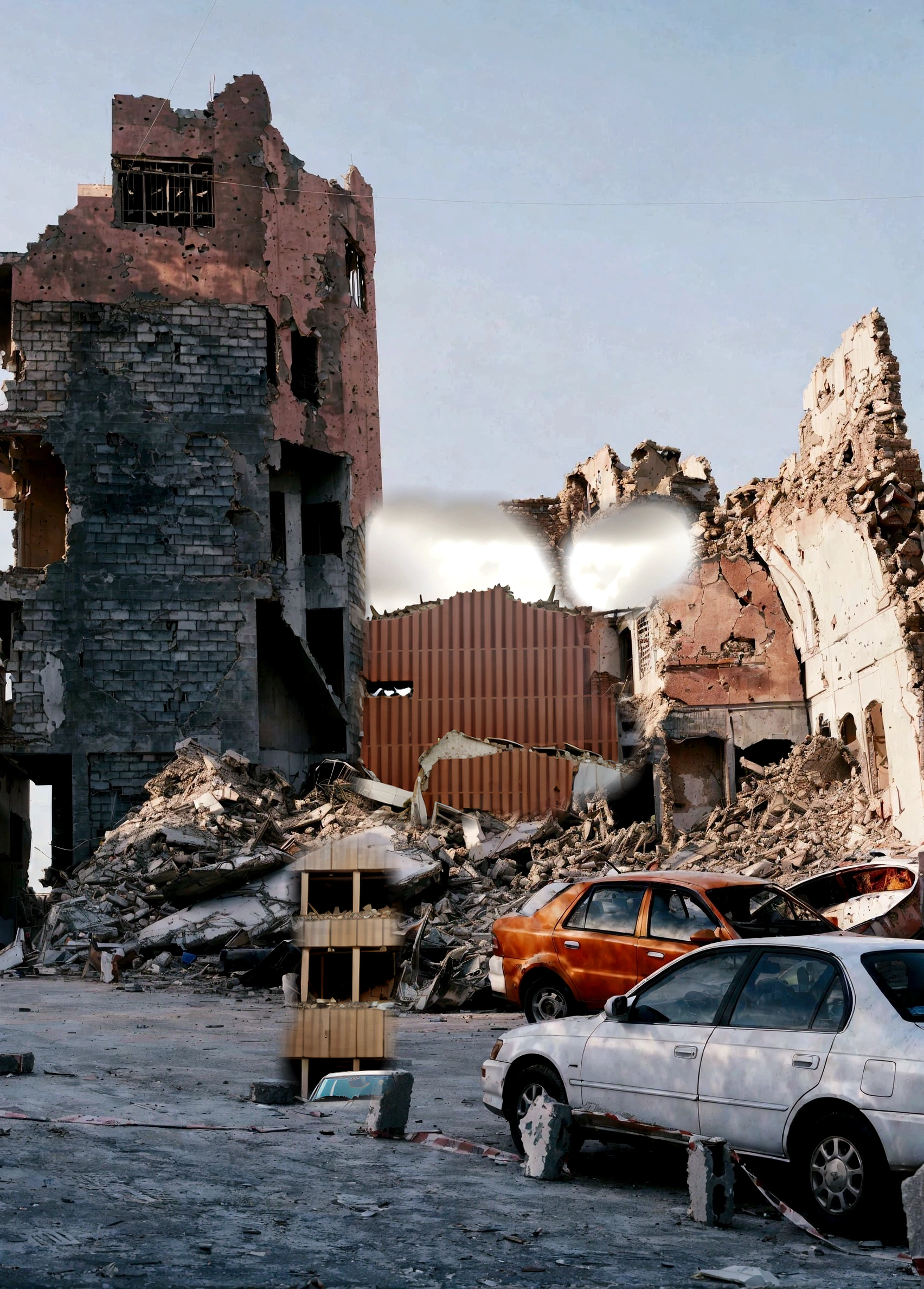 cars parked in front of a building that has been destroyed, destroyed modern buildings, in a ruined cityscape, destroyed buildings, outdoors ruined cityscape, damaged buildings, destroyed city in the background, crumbling buildings, ruined city in background, wrecked buildings, collapsed buildings, building crumbling, ruined buildings, building destroyed, destroyed city, ruined cityscape