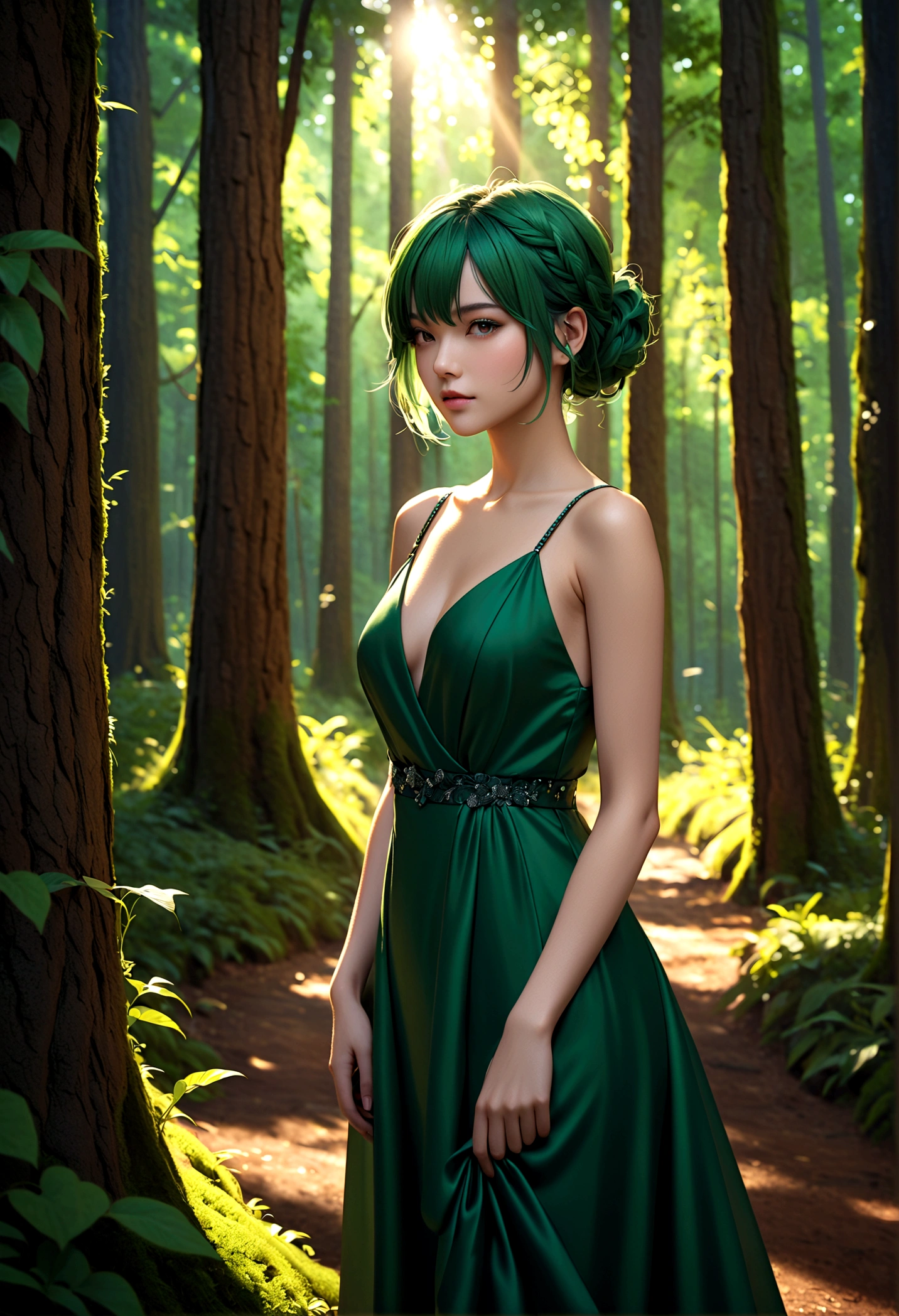 (Extremely detailed CG unity 8k wallpaper),(masterpiece), (best quality), (Extremely detailed), (Best Illustration Award),(The best shadow), 1 Girl, Solitary, (forest green hair:1.2), Asymmetrical hairstyle, Purple evening dress 