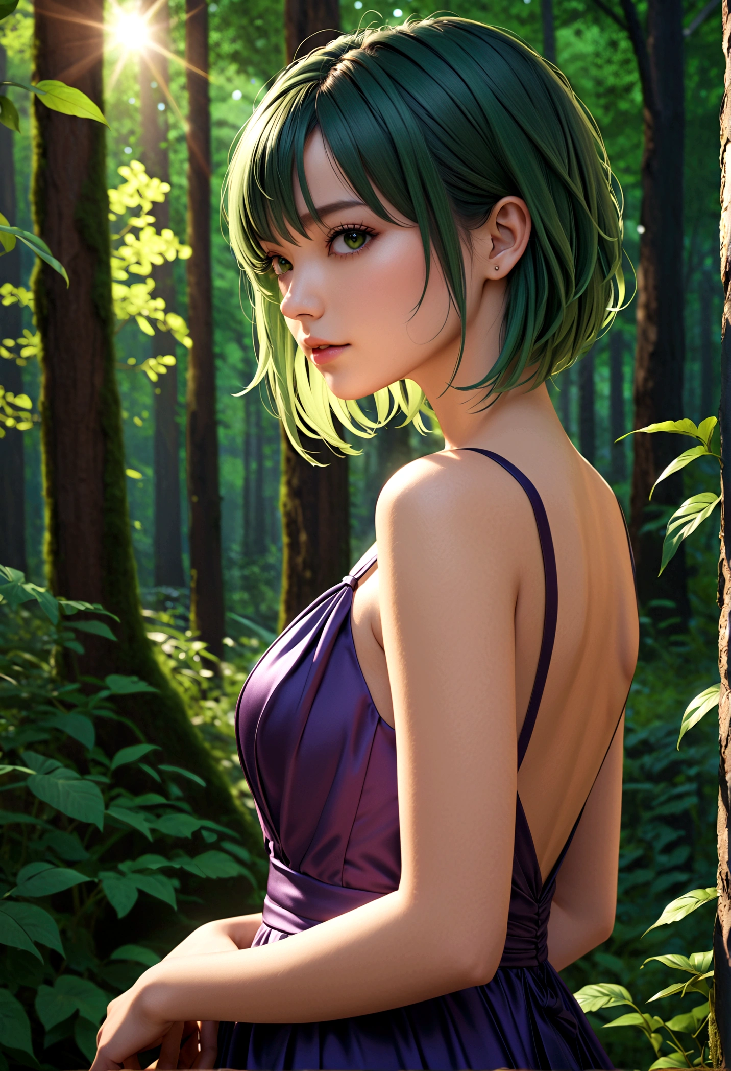 (Extremely detailed CG unity 8k wallpaper),(masterpiece), (best quality), (Extremely detailed), (Best Illustration Award),(The best shadow), 1 Girl, Solitary, (forest green hair:1.2), Asymmetrical hairstyle, Purple evening dress