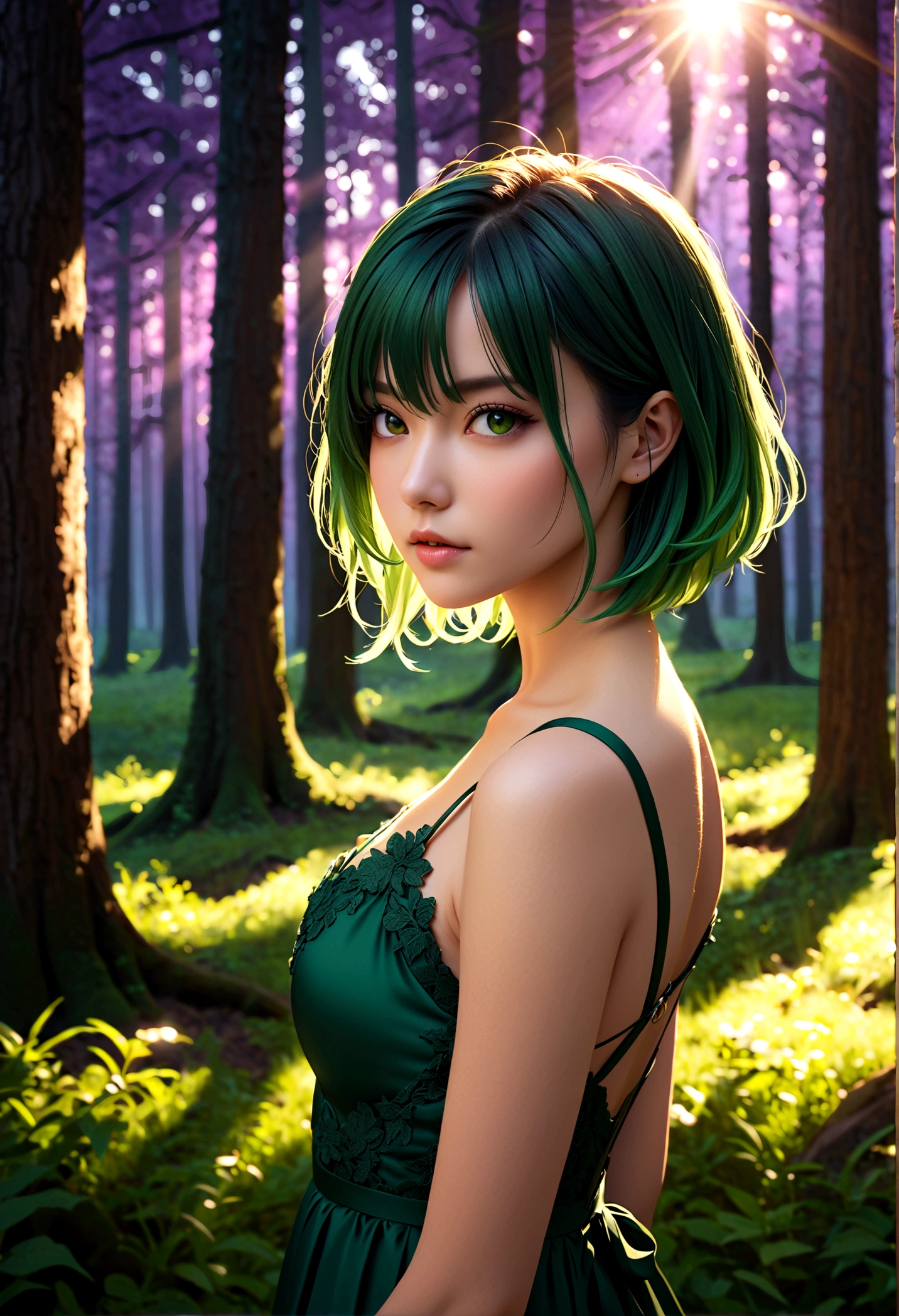 Latte 867, One girl, alone, (Forest Green Hair:1.2), Asymmetrical haircuts, (Purple clothes:1.2) masterpiece, Highest quality, photoRealistic, Realistic, (RAW Photos, 8K Ultra HD, Film Grain), Caustics, Scattered beneath the surface