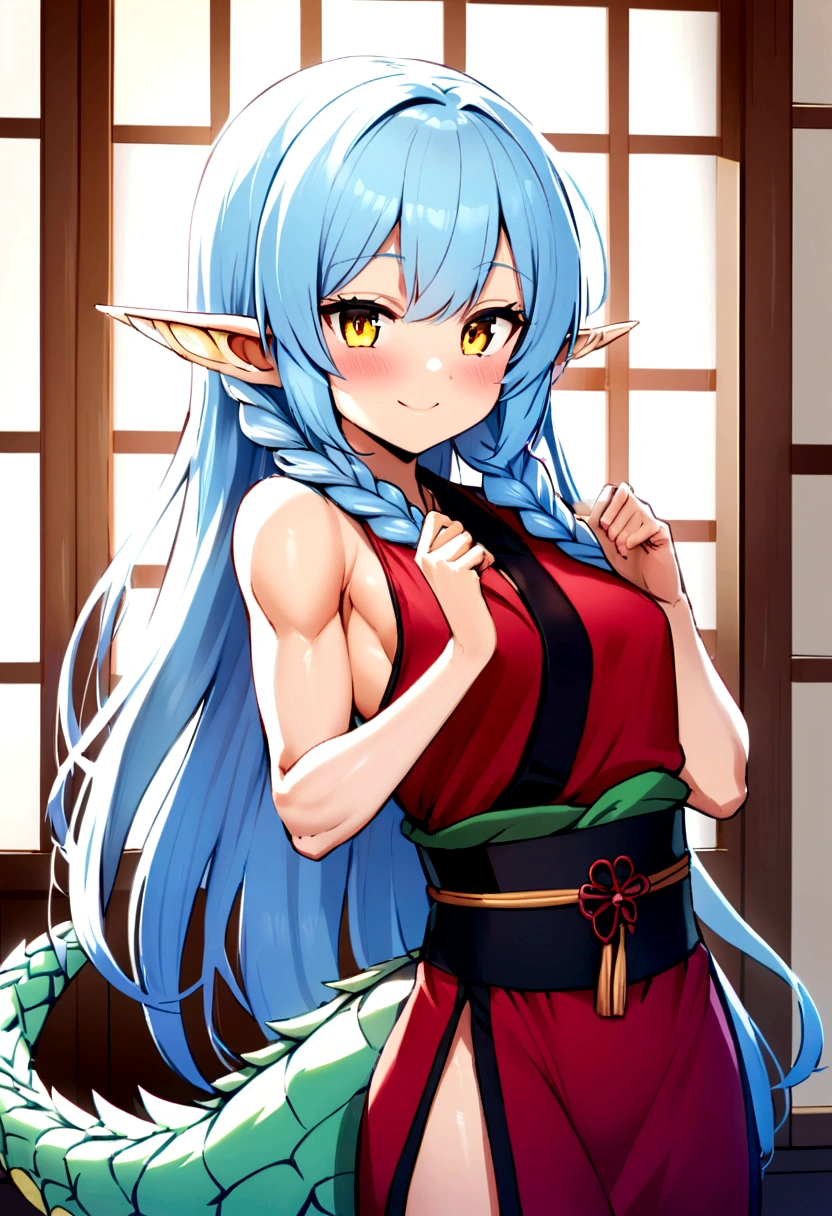 cute young girl, light blue hair, long hair, small braids hair, yellow eyes, dragon horn, dragon tail, elf ear, muscular body, small breast, sexy japanese outfit, cute pose, blushing, smile