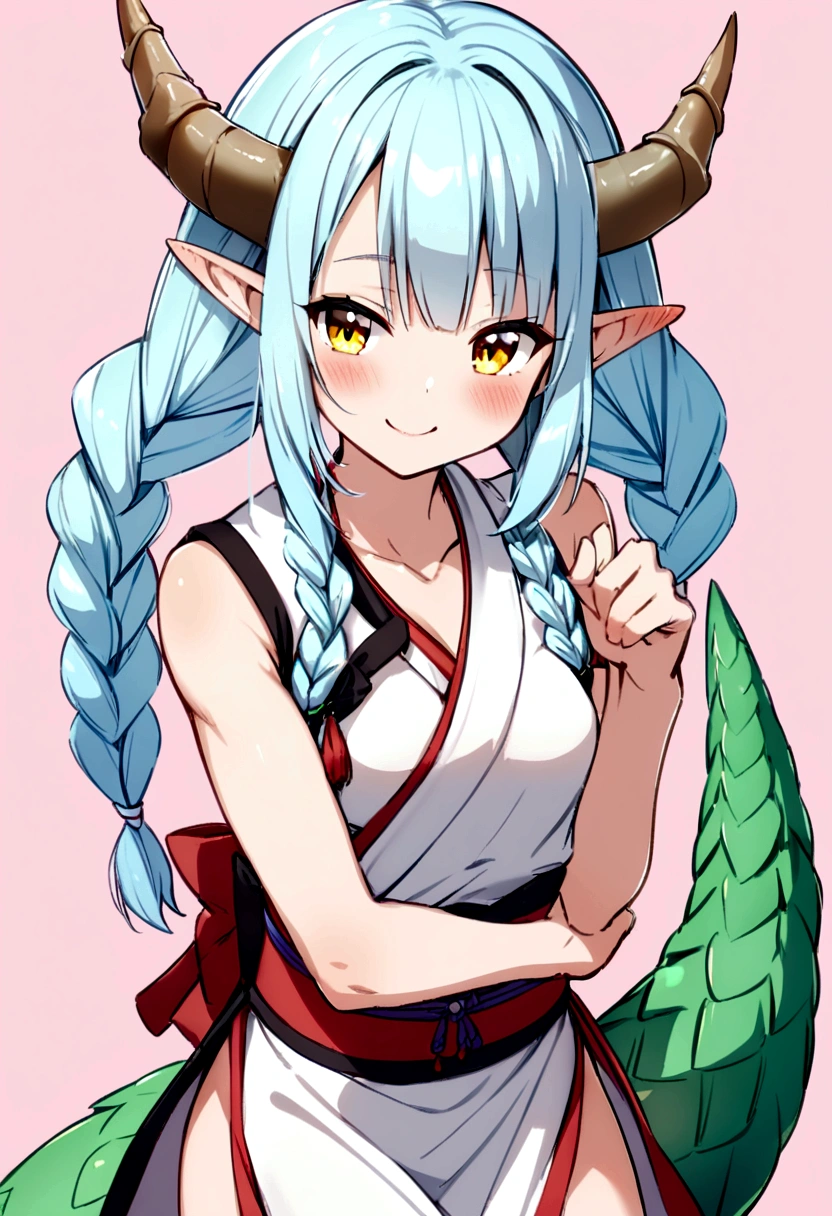 cute young girl, light blue hair, long hair, small braids hair, yellow eyes, dragon horn, dragon tail, elf ear, muscular body, small breast, sexy japanese outfit, cute pose, blushing, smile