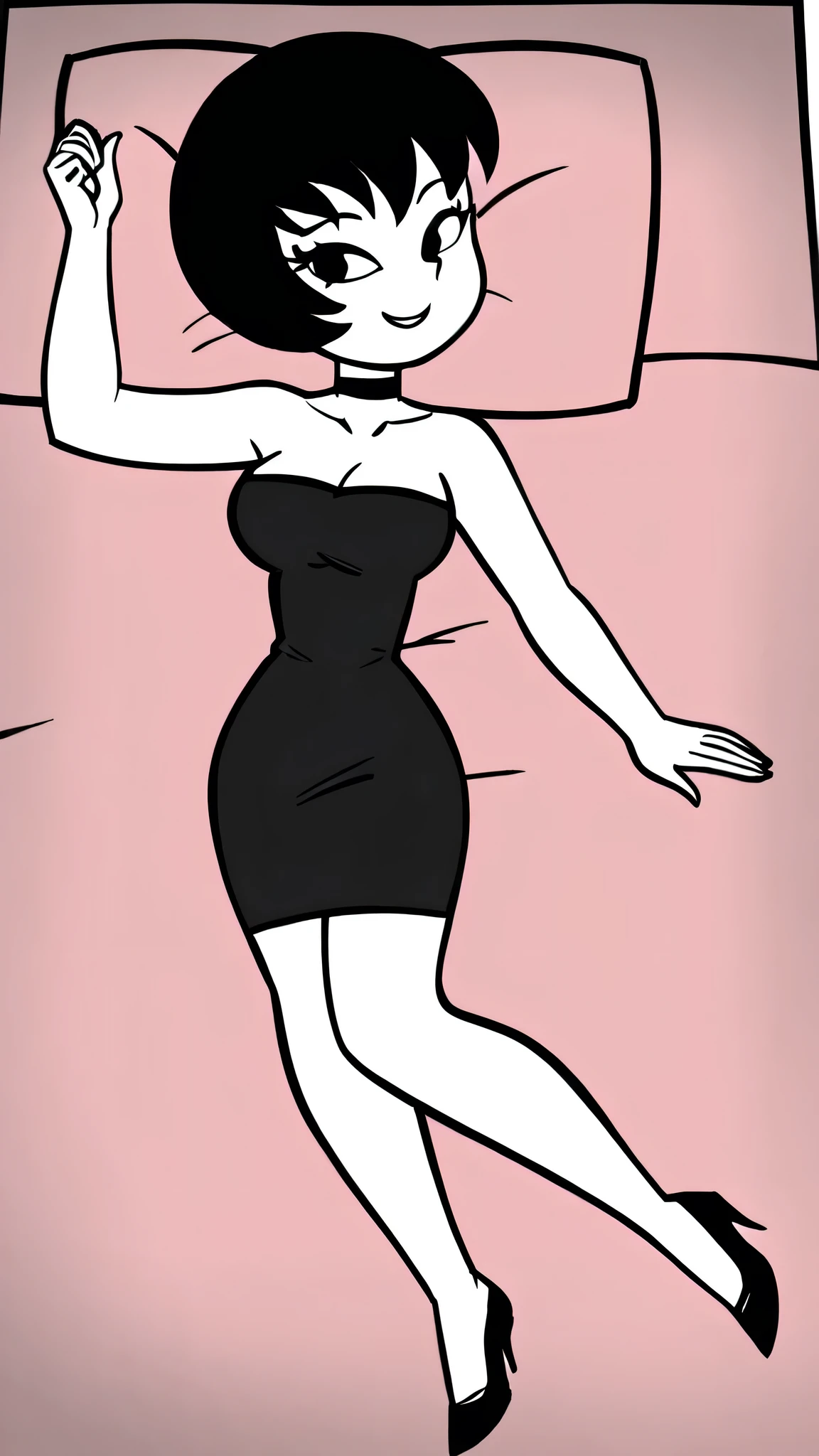 Jucika, digital media, black eyes, black hair, short hair, flat color, flat graphic style, white skin, zPDXL, best quality, amazing quality, score 9, 1girl, collarbone, strapless black tube dress, black chocker, seductive smile, looking at viewers, black high heels, lying in pink bed, cowboy shot