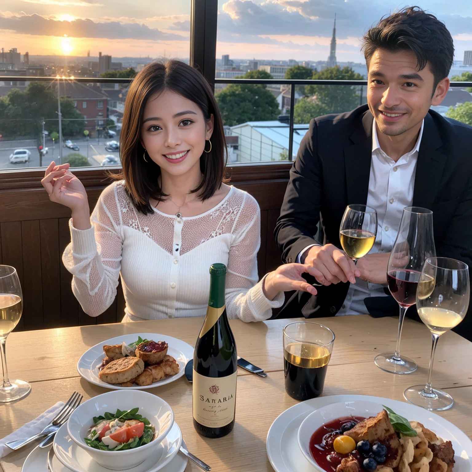 ((Highest quality、8k、masterpiece:1.3))、 (Genuineistic, Genuine、Bright image、Intricate details:1.2), 最高のsmile、1 male, 1 female、Beautiful couple、Satomi Ishihara-like lover、Good friends、actress couple、smile、Full-course dinner at a packed table、 (Slim face), (the body is slim), (Brown Hair), (short hair), テーブルのwine glass、Please shine a light on my face、 Amazing view of the sunset sky and clouds、 (42 years old)38 years old, red wine 、Appetizers、Wine bottle、sparkling wine、Long sleeve shirt、dress、White wine, red wine, wine glass,