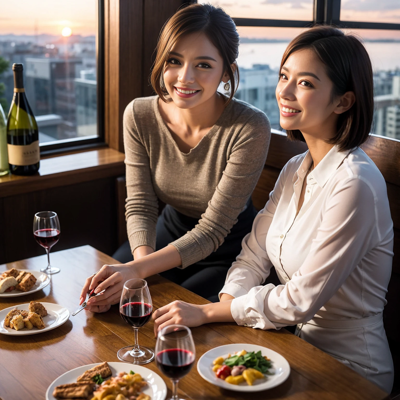 ((Highest quality、8k、masterpiece:1.3))、 (Genuineistic, Genuine、Bright image、Intricate details:1.2), 最高のsmile、1 male, 1 female、Beautiful couple、Satomi Ishihara-like lover、Good friends、actress couple、smile、Full-course dinner at a packed table、 (Slim face), (the body is slim), (Brown Hair), (short hair), テーブルのwine glass、Please shine a light on my face、 Amazing view of the sunset sky and clouds、 (42 years old)38 years old, red wine 、Appetizers、Wine bottle、sparkling wine、Long sleeve shirt、dress、White wine, red wine, wine glass, 