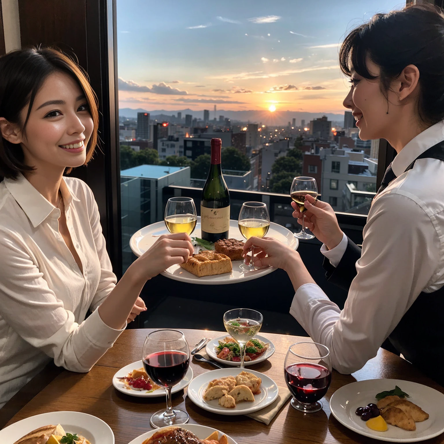 ((Highest quality、8k、masterpiece:1.3))、 (Genuineistic, Genuine、Bright image、Intricate details:1.2), 最高のsmile、1 male, 1 female、Beautiful couple、Satomi Ishihara-like lover、Good friends、actress couple、smile、Full-course dinner at a packed table、 (Slim face), (the body is slim), (Brown Hair), (short hair), テーブルのwine glass、Please shine a light on my face、 Amazing view of the sunset sky and clouds、 (42 years old)38 years old, red wine 、Appetizers、Wine bottle、sparkling wine、Long sleeve shirt、dress、White wine, red wine, wine glass,