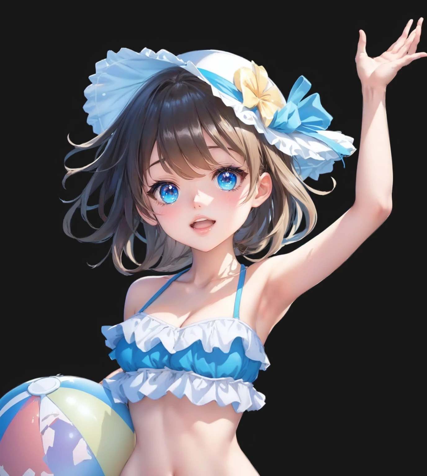 Wearing a bikini、holding a beach ball、Anime girl in hat, splash art anime Change, Smooth anime CG art, Change, April Rendering, Anime cute art style, , official art works, Change in dress, Fleet Collection Style, high detailed official art works, guys, Ahegaio, Popular on artstation pixiv