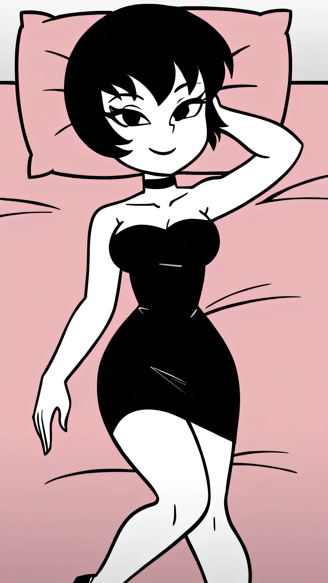 Jucika, digital media, black eyes, black hair, short hair, flat color, flat graphic style, white skin, zPDXL, best quality, amazing quality, score 9, 1girl, collarbone, strapless black tube dress, black chocker, seductive smile, looking at viewers, black high heels, lying in pink bed, cowboy shot