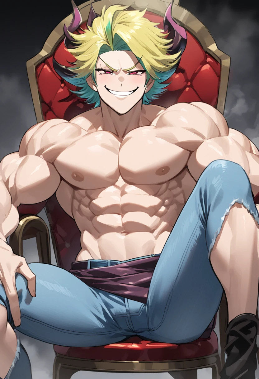 ((Satoru Gojo sorcerer and demon marryer)) ((Smug smile)) ((shirtless)) ((Tall and muscular)) ((sitting on a chair with legs spread)) ((Skinny jeans))