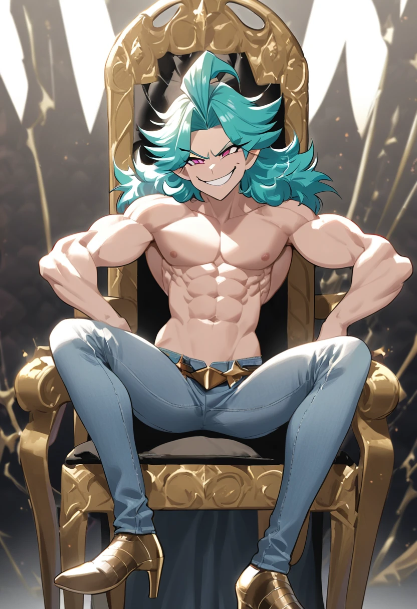 ((Satoru Gojo sorcerer and demon marryer)) ((Smug smile)) ((shirtless)) ((Tall and muscular)) ((sitting on a chair with legs spread)) ((Skinny jeans)) 