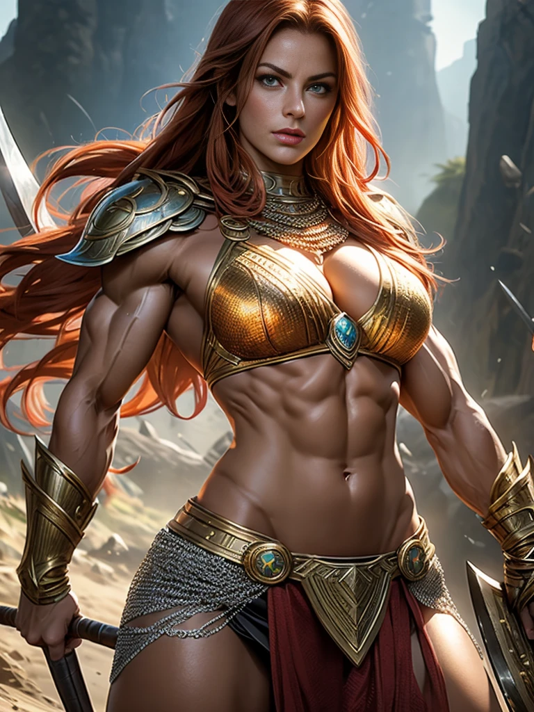 Erica Durance as a Asgard,valkyrie,Upper Body shot,looking at viewer,green eyes,long flowing orange hair, fitness muscular woman, Senhora Cavaleiro,elaborate silver chainmail bikini,brown leather torn loin cloth,holding large battle axe,Anatomia correta, epic fantasy digital art, masterpiece，8k，high-definition resolution，desenho detalhado，Qualidade Superior，, Epic composition, muscular body