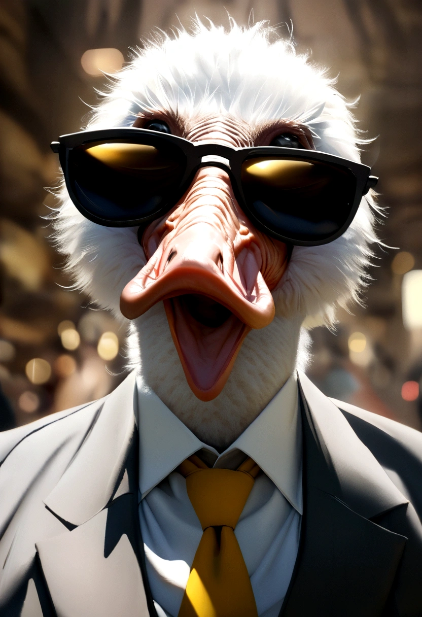 An artist's rendering of an ostrich in business suit and sunglasses, con un fondo brillante y colorido, renderizado en hiperrealismo 8K.