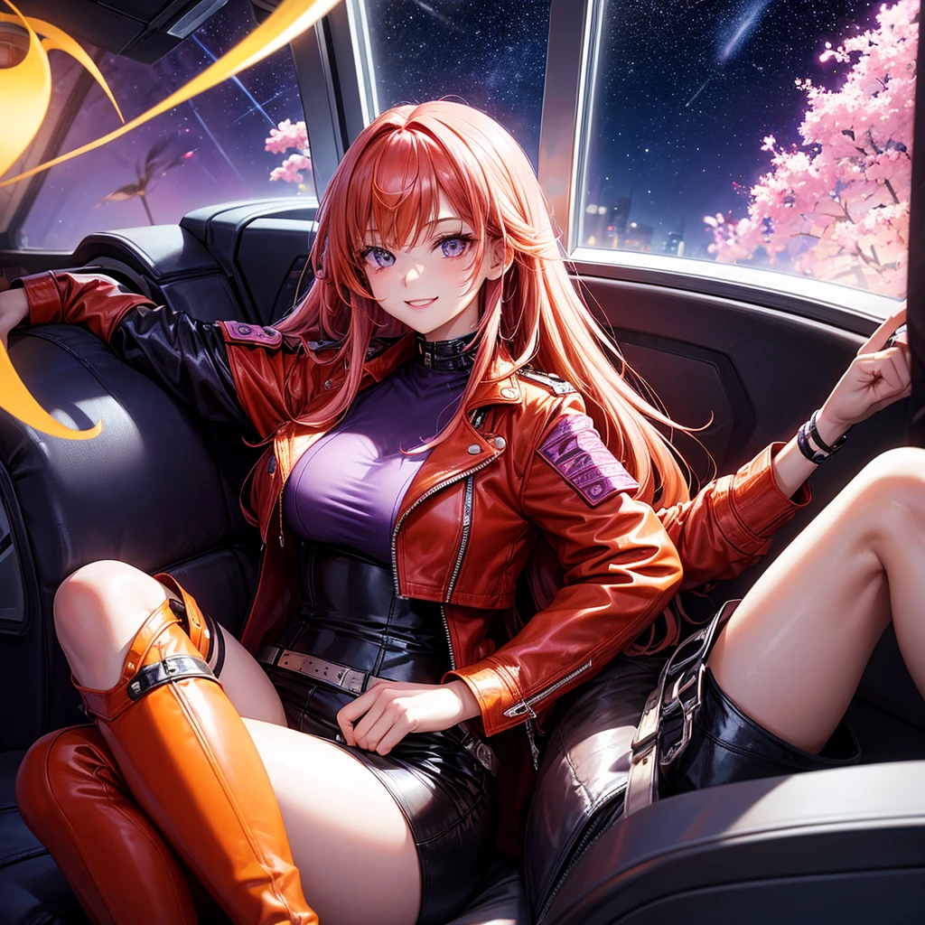 A young sexy woman with long purple hair and sexy clothes sits in a spaceship seat、A beautiful starry sky can be seen from the window.。smile,Orange hair color,Latest Fashion,Too beautiful girl,leather jacket,Future Fashion,Angel girl,Pink Hair,Horny girl