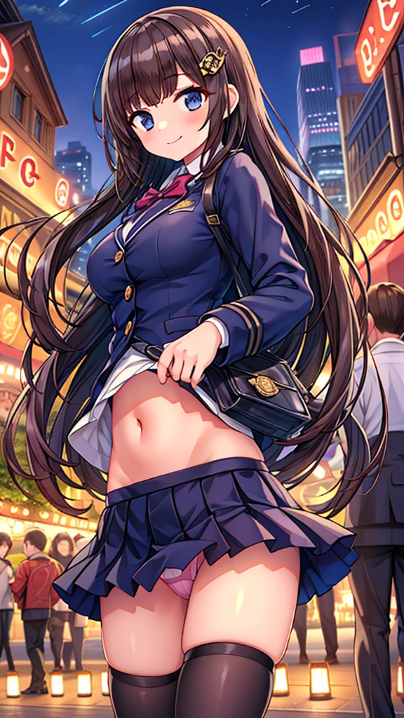 {Highest quality], [Super beautiful], [Ultra fine], [Best illustration], NSFW,Brown Hair, Hime cut, Long Hair, With bangs, girl,high school student,uniform,knit,skirt,smile, blush, Slender women, Adult women,Standing posture,(Public),Night Park,Summer festival,diagonal, Navy blue knee socks,Black Loafers、Stripes々
Panties、Panties in full view、From the back