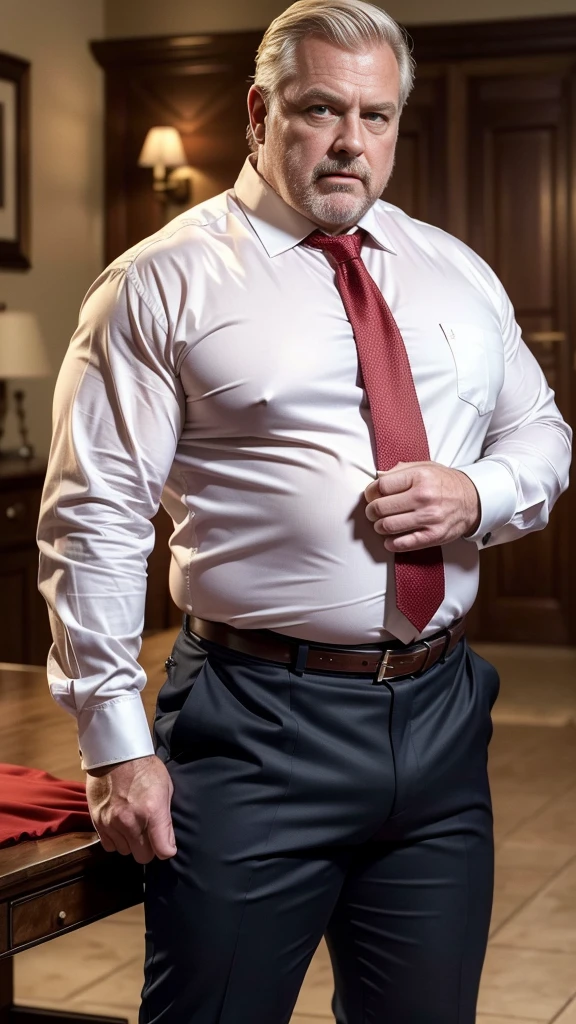 (best quality,4k,8k,highres,masterpiece:1.2), age 60, white man sheriff , horny disgusting, muscular chubby, kind, open red silk shirt , mature daddy, Dress Pants with big bulge, hairy chest hard nipple, belt, loafer,