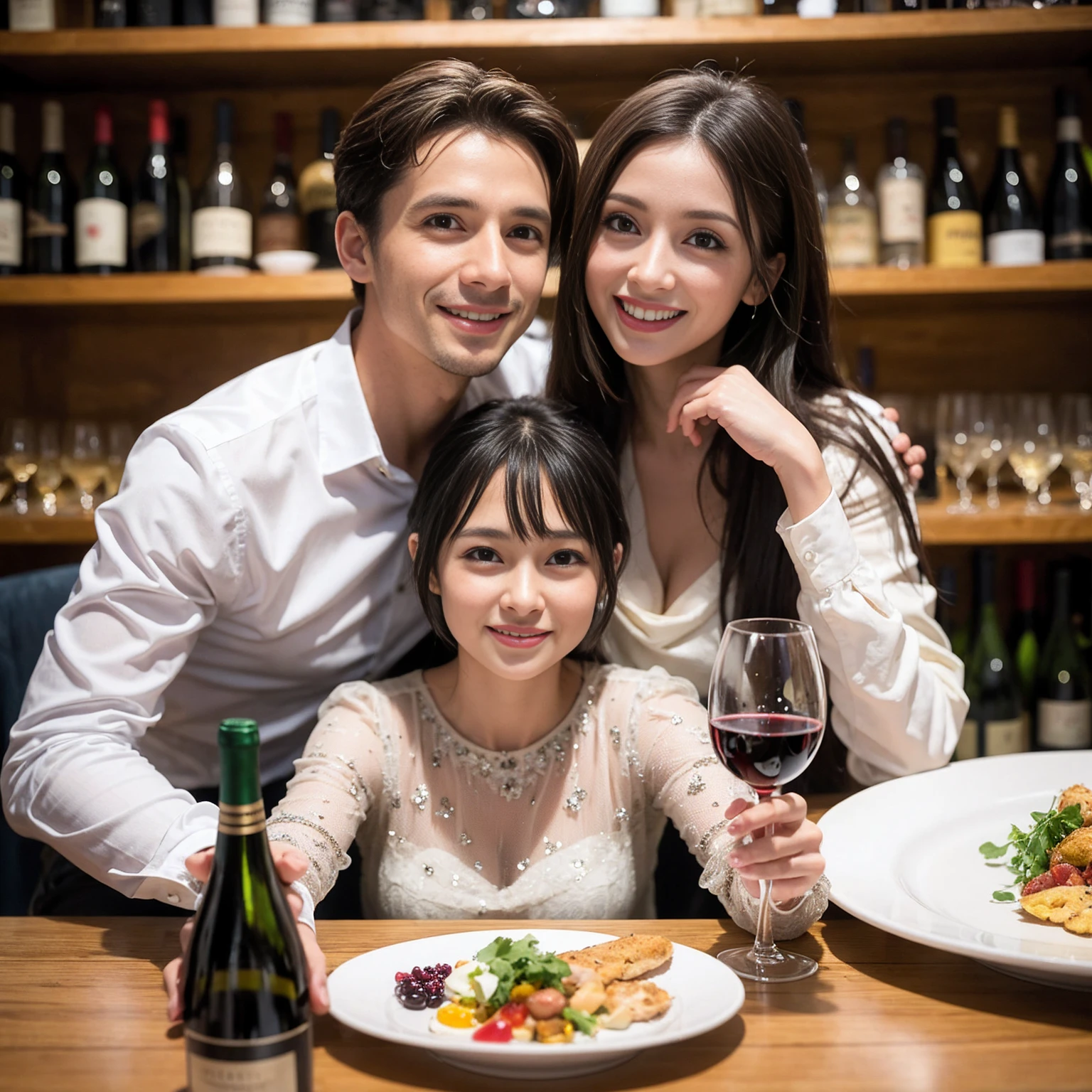 ((Highest quality、8k、masterpiece:1.3))、 (Genuineistic, Genuine、Bright image、Intricate details:1.2), 最高のsmile、1 male 1 female、Beautiful couple、spouse、fiancee、Good friends、actress couple、smile、Full-course dinner at a packed table、 (Slim face), (the body is slim), (Brown Hair), (short hair), テーブルのwine glass、Please shine a light on my face、 Amazing view of the sunset sky and clouds、 (42 years old)40 years old, red wine 、Appetizers、Wine bottle、sparkling wine、Long sleeve shirt、dress、White wine, red wine, wine glass,