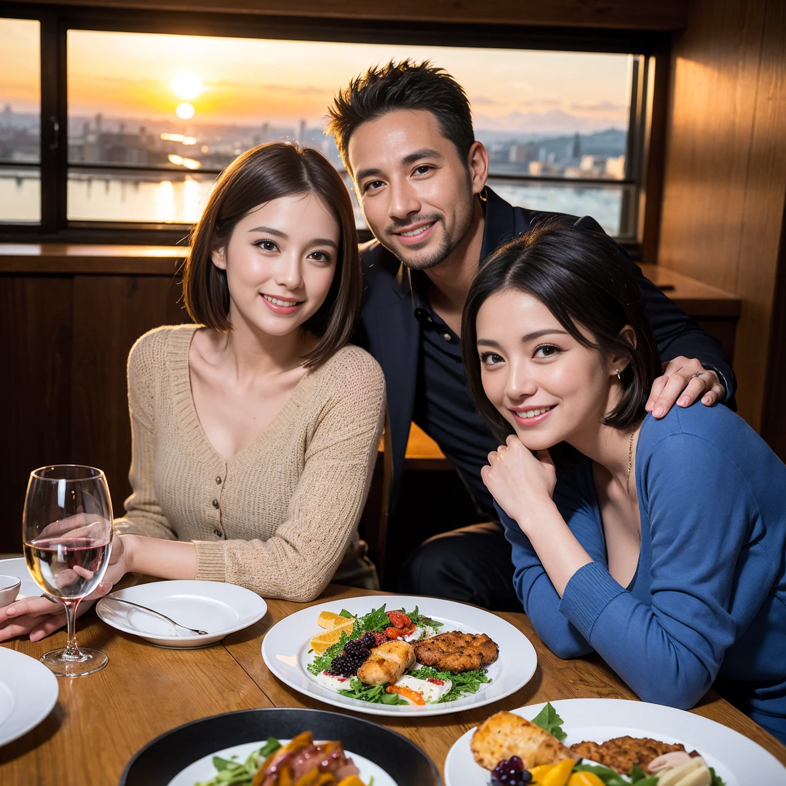 ((Highest quality、8k、masterpiece:1.3))、 (Genuineistic, Genuine、Bright image、Intricate details:1.2), 最高のsmile、1 male 1 female、Beautiful couple、spouse、fiancee、Good friends、actress couple、smile、Full-course dinner at a packed table、 (Slim face), (the body is slim), (Brown Hair), (short hair), テーブルのwine glass、Please shine a light on my face、 Amazing view of the sunset sky and clouds、 (42 years old)40 years old, red wine 、Appetizers、Wine bottle、sparkling wine、Long sleeve shirt、dress、White wine, red wine, wine glass, 