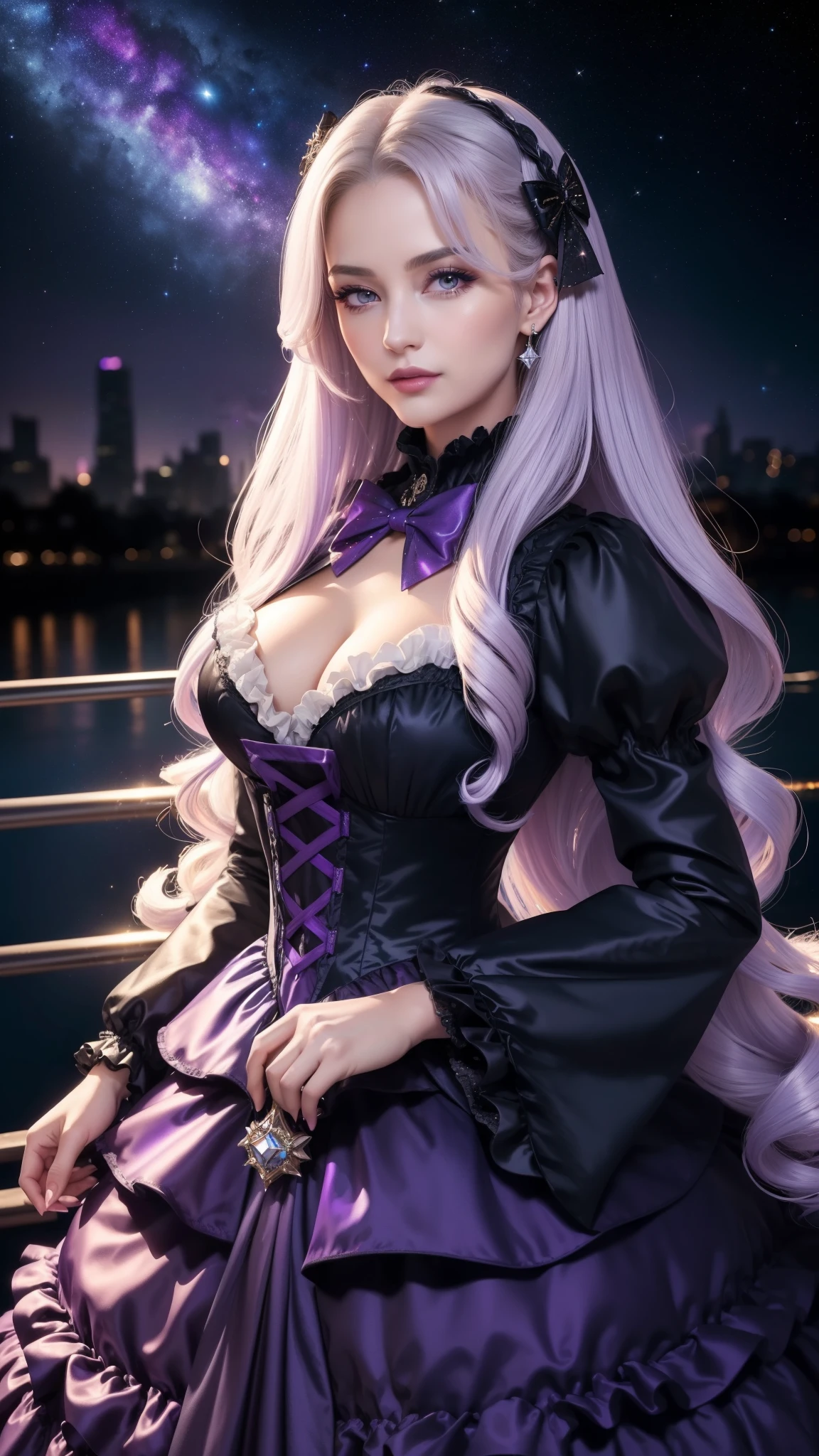 (masterpiece), the best quality, reflection light, ray tracing, Ultra-Wide Angle, expressive eyes, perfect face, (beautiful woman in Victorian Dress), fierce woman, elegance woman, (smirk, light smile), luxury, (random hairstyles, platinum hair with galaxy purple tips, shinny hair, multicolored hair, galaxy colored inner hair, long hair), amethyst eyes, (Arrogant demeanor, Chin up slightly, arrogant look), smokey eye makeup, ((full detailed Victorian dress, wide sleeves, galaxy purple trim, bows, ruffles, ball gown)), shimmering with lustrous hues matching scheme, hourglass body shape, narrow waist, professional, Extremely aesthetic, (immersive), (cool), stylish, Extremely detailed realistic clothing, ((Meteor shower, starry sky, galaxy sky, colorful galaxies, the moonlight through the Clouds, Clouds and fog, skyline, city horizon, beautiful starry night sky, clean water, reflection river, The river that reflects the starry sky as background, high quality, high details background)), ray tracing, colorful fantasy art style, Gothic art, high quality detailed art, fantasy mixed with realism, detailed face, glossy lips, eyeshadow, lipstick, standing poses, (seductive expression, seductive gesture), galaxy colors scheme,