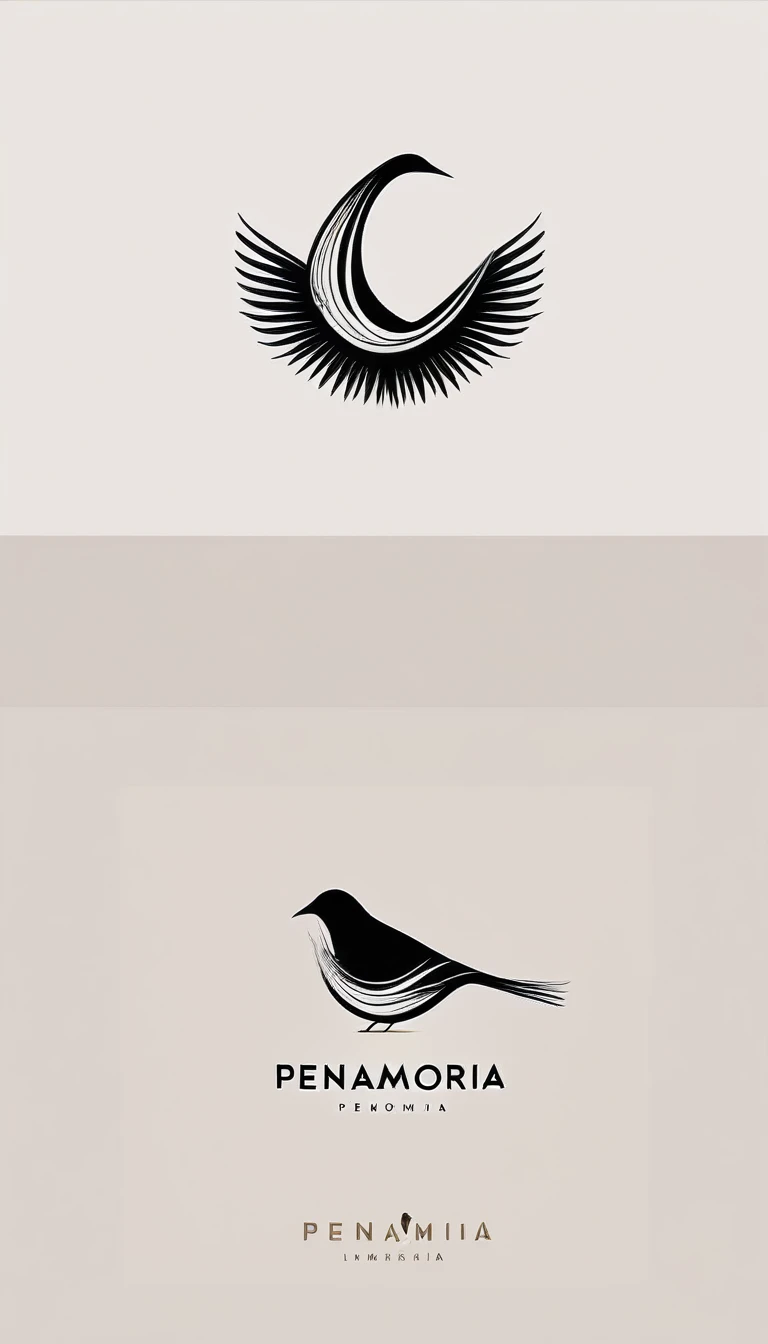A minimal, modern, simple, cinematic logo design for the brand “Penamemoria". Create a modern, minimalistic, high-quality, logo of a bird with special and thin threads as tail