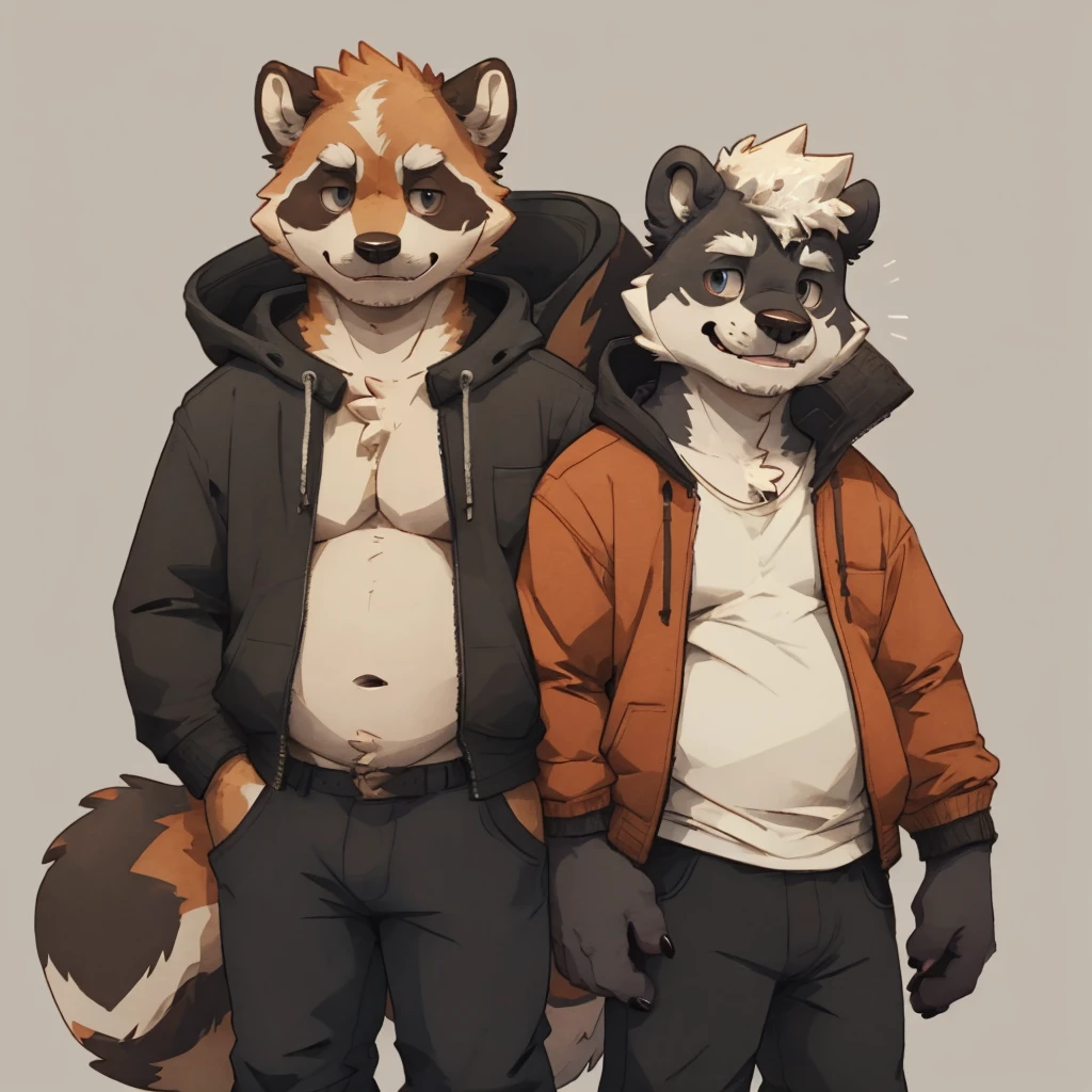 (raccoon,skunk),duo,simple background,smartphone,looking at viewer,blue hoodie,[red|yellow] jacket, by donkeyramen, wfa