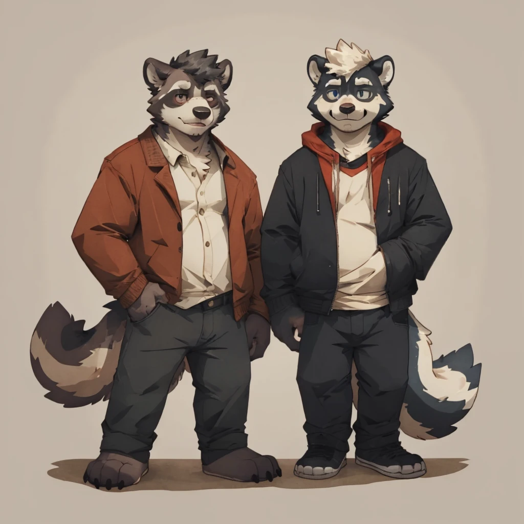 (raccoon,skunk),duo,simple background,smartphone,looking at viewer,blue hoodie,[red|yellow] jacket, by donkeyramen, wfa