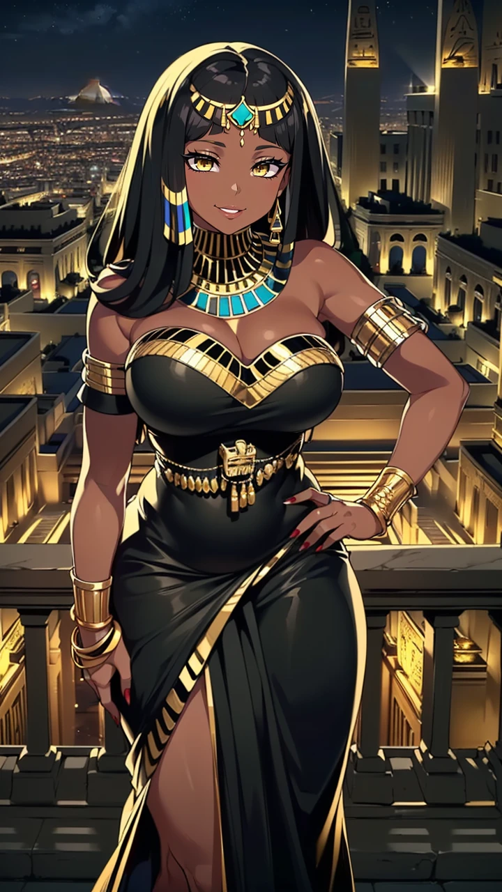 4K Quality, (sexy black woman), (big smile), ((standing up, hand on hip)), ((black and gold egyptian dress)), ((black and gold egyptian hair)), ((gold eyes)), ((dark skinned)), thick thighs, big breasted, big ass, (looking at viewer), (((in the black and gold egyptian city))), (nighttime), ((egyptian city background))