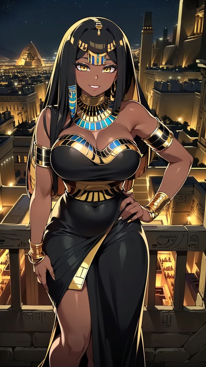 4K Quality, (sexy black woman), (big smile), ((standing up, hand on hip)), ((black and gold egyptian dress)), ((black and gold egyptian hair)), ((gold eyes)), ((dark skinned)), thick thighs, big breasted, big ass, (looking at viewer), (((in the black and gold egyptian city))), (nighttime), ((egyptian city background))