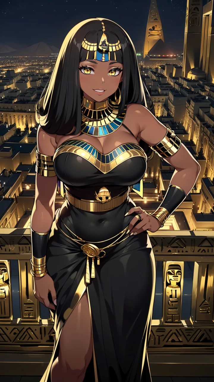 4K Quality, (sexy black woman), (big smile), ((standing up, hand on hip)), ((black and gold egyptian dress)), ((black and gold egyptian hair)), ((gold eyes)), ((dark skinned)), thick thighs, big breasted, big ass, (looking at viewer), (((in the black and gold egyptian city))), (nighttime), ((egyptian city background))