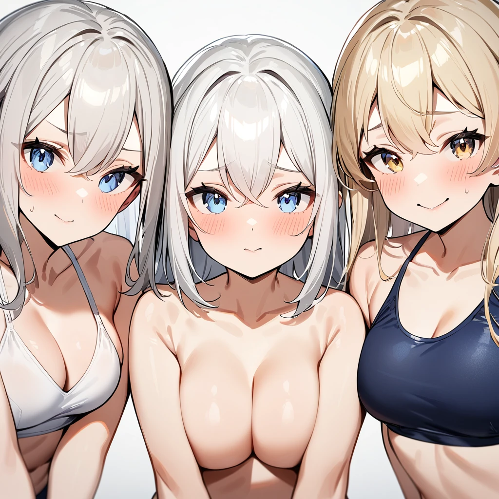 4girls,Bikini,breastsless,schoolswimsuit,masterpiece, best quality, very aesthetic, absurdres,(straight-on),adult,woman,upper body,light gold hair,(White hair),(Attractive face)