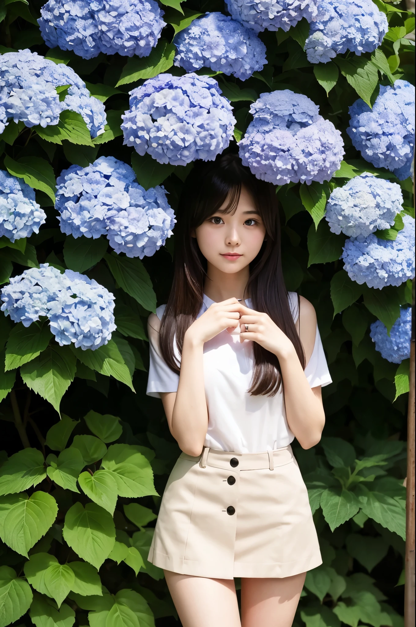 A 22-year-old girl wearing a miniskirt、In the hydrangea park。