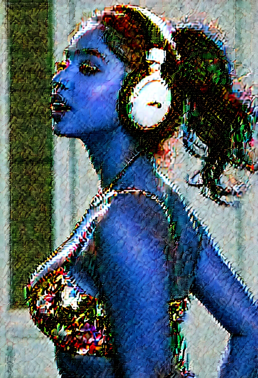 1girl, head phones, arched back head looking up, (), (Latina), dark skin, (totally realistic), (very hot), (cleavage 5.4), (huge breasts), (very wide hips), (so sweet), (temptation), (very round ass), ((no belly)), ((flat belly)), (ultra thin waist), (white pleated skirt), wide shot, (black floral bra), (tone abs:1.0), (shoulders back:1.1), (looking at me:1.5) (Masterpiece, Professional lighting, 16k, 8k wallpaper, raw photo, photorealistic:1.8, ultra detailed, natural lighting, detailed skin sexy pose, cowboy shot, open mouth, big lips