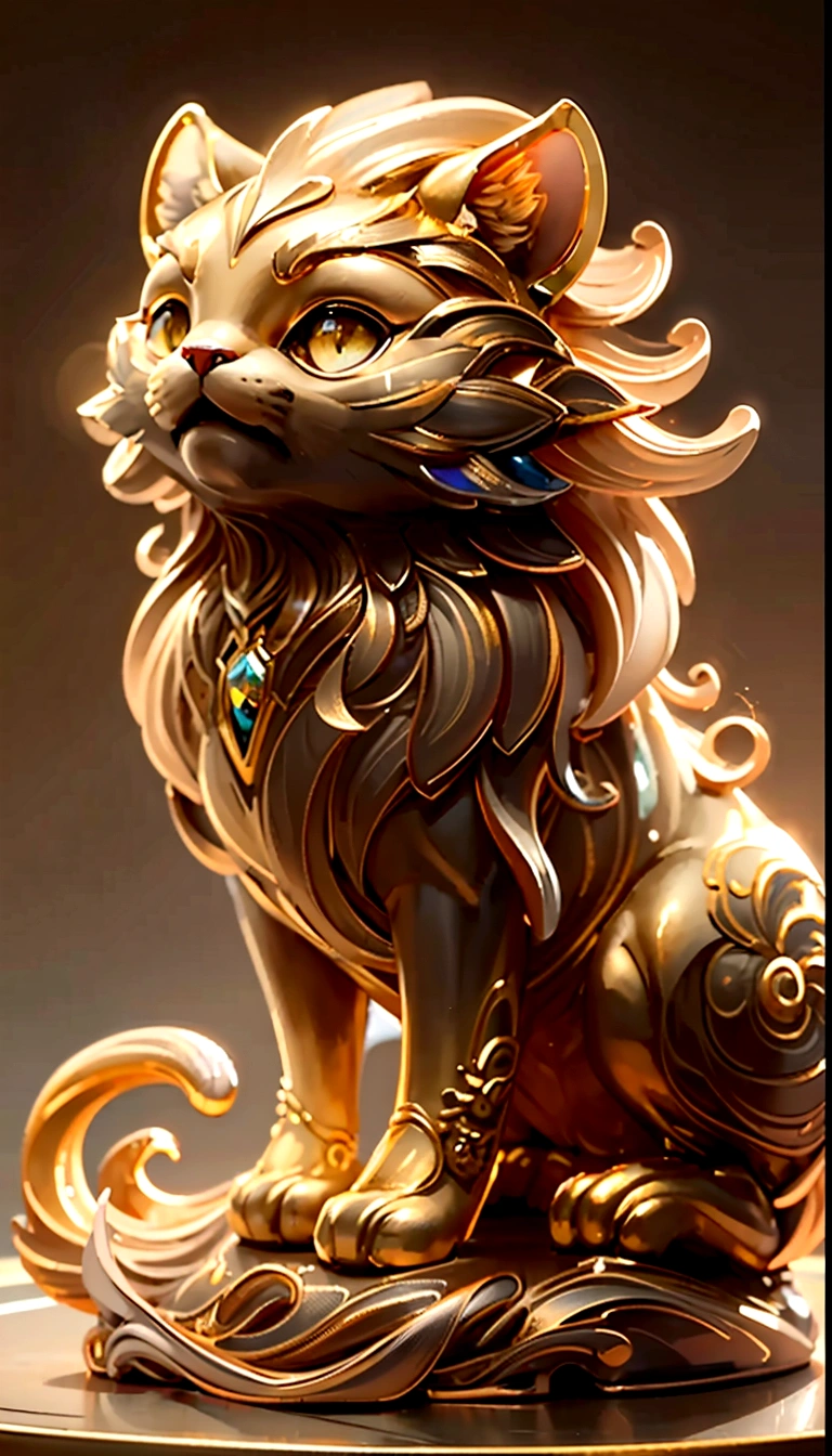 There is a statue of a cat with a golden mane., stunning society, society ), society masterpiece, Complex and gorgeous anime CGI style, society 9, society - w 1 0 2 4 - n 8 - i, 3D rendering style, g society, Gorgeous Leo Goddess, awarded on society, rendered art, Complex,Front image
