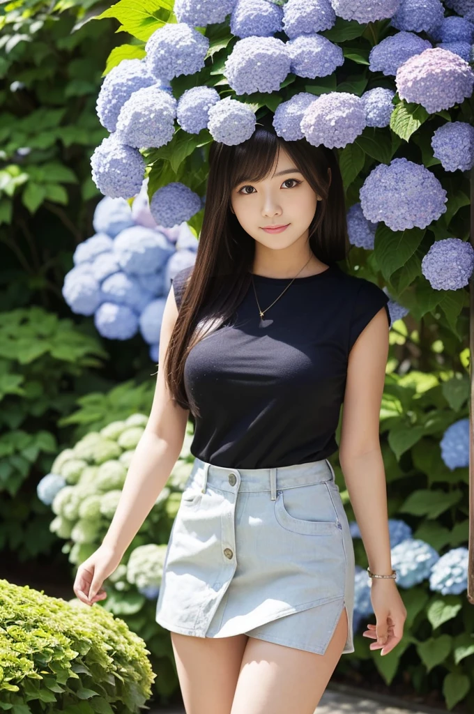 A 21-year-old girl wearing a miniskirt、In the hydrangea park。