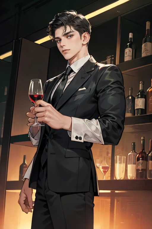 handsome Korean man with a goatee with strong blonde hair shirtless with a defined physique holding a glass of wine in black dress pants in a dining room at night, front view, k-idol, masterpiece