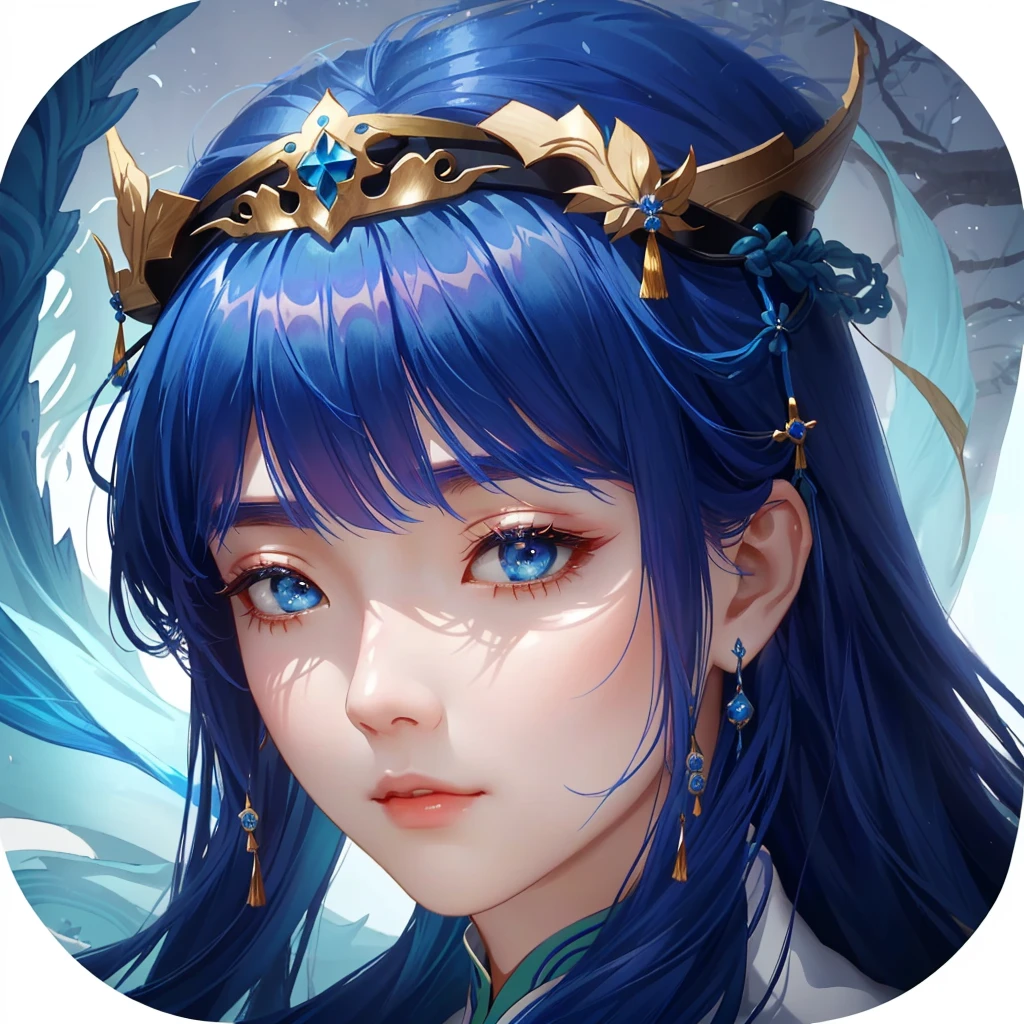 Close-up of a blue-haired woman wearing a crown, heise jinyao, Queen of the Sea Mu Yanling, yun ling, Xianxia hero, Inspired by trees, Xianxia, Cheng Man Kit, Inspired by cold plum, Inspired by Guillaume, dragon, li zixin, xintong chen