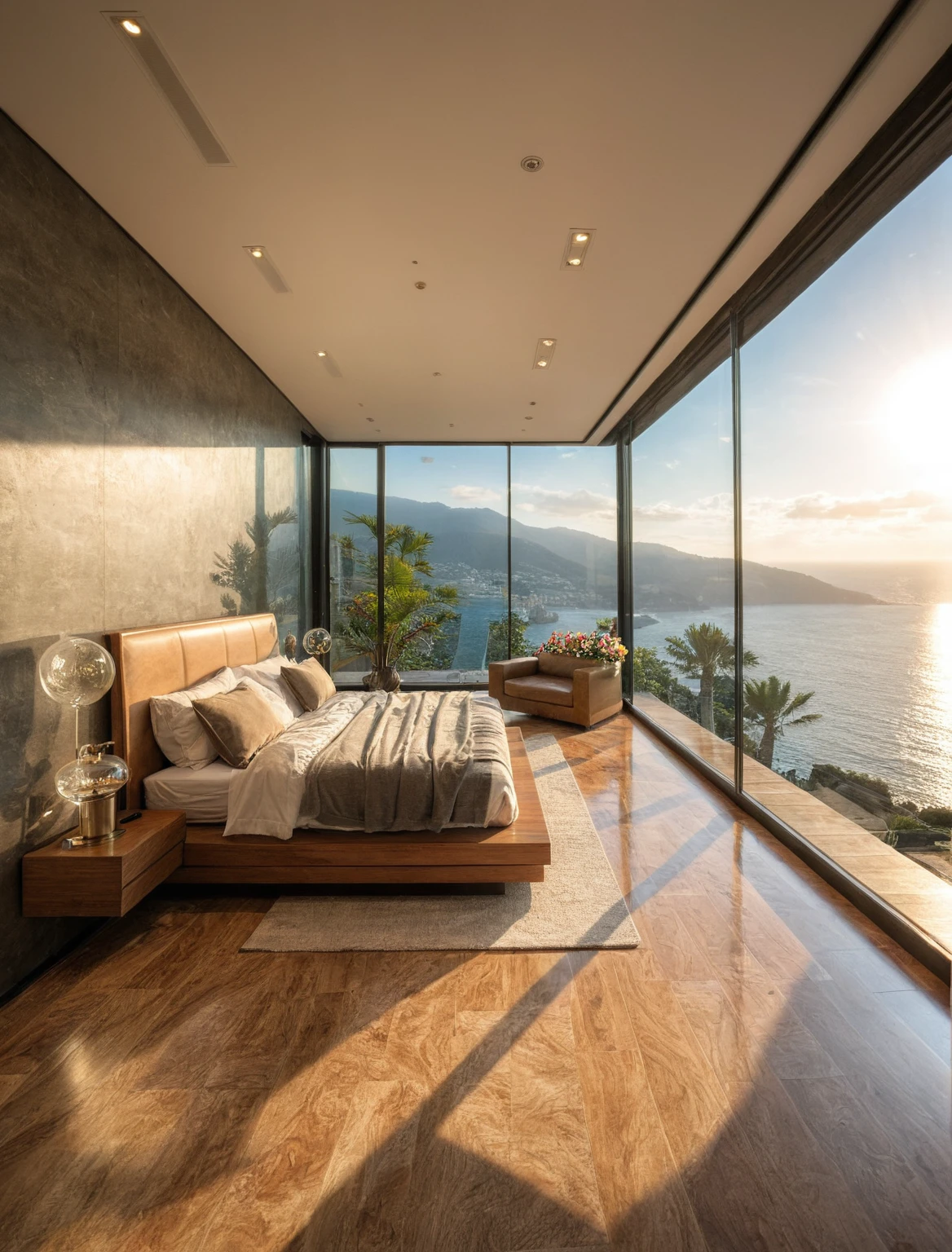 Raw photo,Masterpiece, high quality, best quality, authentic, super detail, interior, indoors, ((bedroom style modern luxury)), view sea , sunset, day light, bed, lamp, carpet, bedside cabinets, flower vase, wood floor ,glass windows