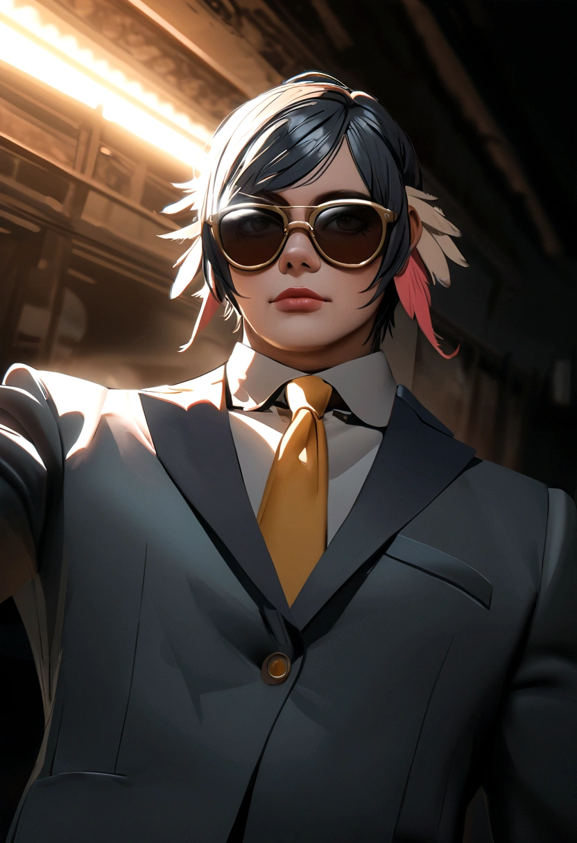 PLUMAS AZUKES, PAJARO HD. CINEMATIC An artistic representation of an ostrich in a business suit and sunglasses, con un fondo brillante y colorido, renderizado en hiperrealismo 8K.