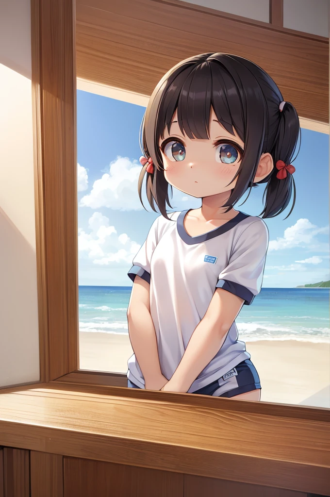 High quality、Realistic photos、Masterpiece、Chibi T-shirt、Beautiful white beach、One cute girl、、((Short Twin Tails))、（Petite Girls）、Healthy tan、（Brown Skin）、
blue buruma、The scenery reflected in my eyes、Black Hair、