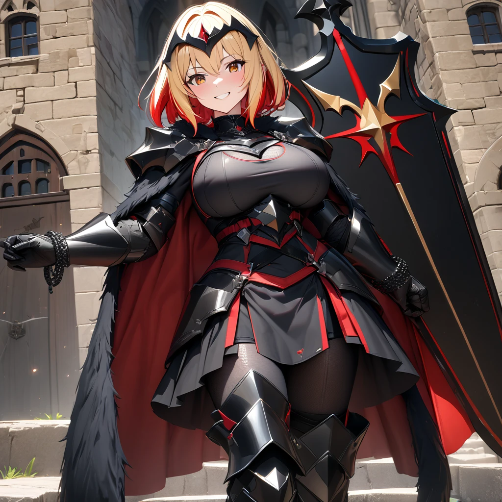 A woman wearing black heavy armor with red trim, black metal bracelet, black metal boots, holding a black shield, big breasts, short hair, blonde hair, red bangs, multicolored hair, brown eyes smiling, walking outside of a large medieval black castle, gray concrete platform, sadistic, smiling face, black tiara helm, black fur cape...UHD , work- prime, precise, anatomically correct, textured skin, super details, high quality, best quality, 8k, high resolution, bokeh effect. (woman solo)

