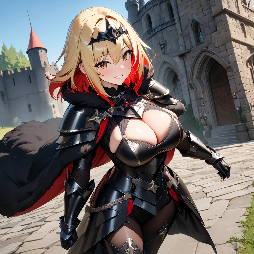A woman wearing black heavy armor with red trim, black metal bracelet, black metal boots, holding a black shield, big breasts, short hair, blonde hair, red bangs, multicolored hair, brown eyes smiling, walking outside of a large medieval black castle, gray concrete platform, sadistic, smiling face, black tiara helm, black fur cape...UHD , work- prime, precise, anatomically correct, textured skin, super details, high quality, best quality, 8k, high resolution, bokeh effect. (woman solo)
