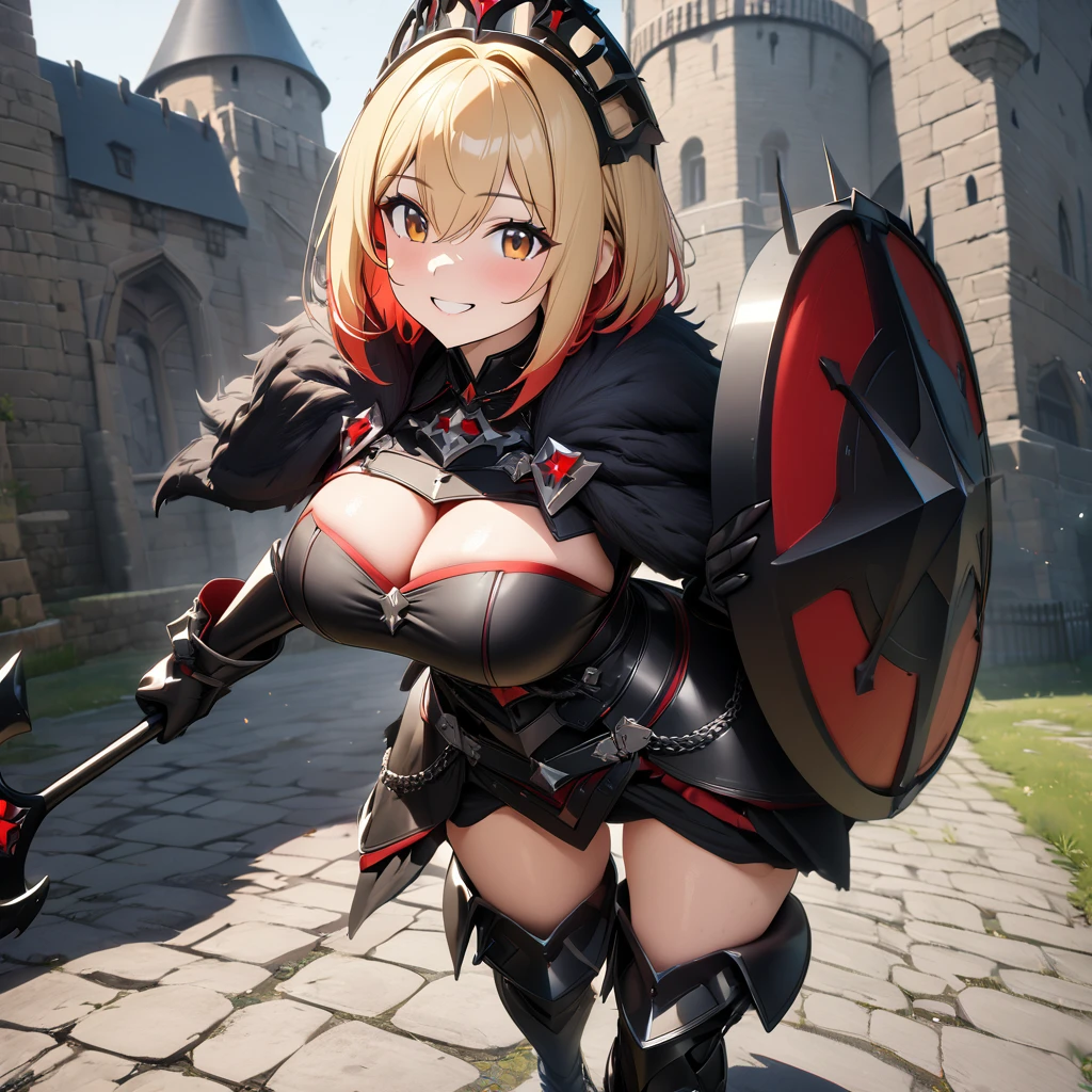 A woman wearing black heavy armor with red trim, black metal bracelet, black metal boots, holding a black shield, big breasts, short hair, blonde hair, red bangs, multicolored hair, brown eyes smiling, walking outside of a large medieval black castle, gray concrete platform, sadistic, smiling face, black tiara helm, black fur cape...UHD , work- prime, precise, anatomically correct, textured skin, super details, high quality, best quality, 8k, high resolution, bokeh effect. (woman solo)