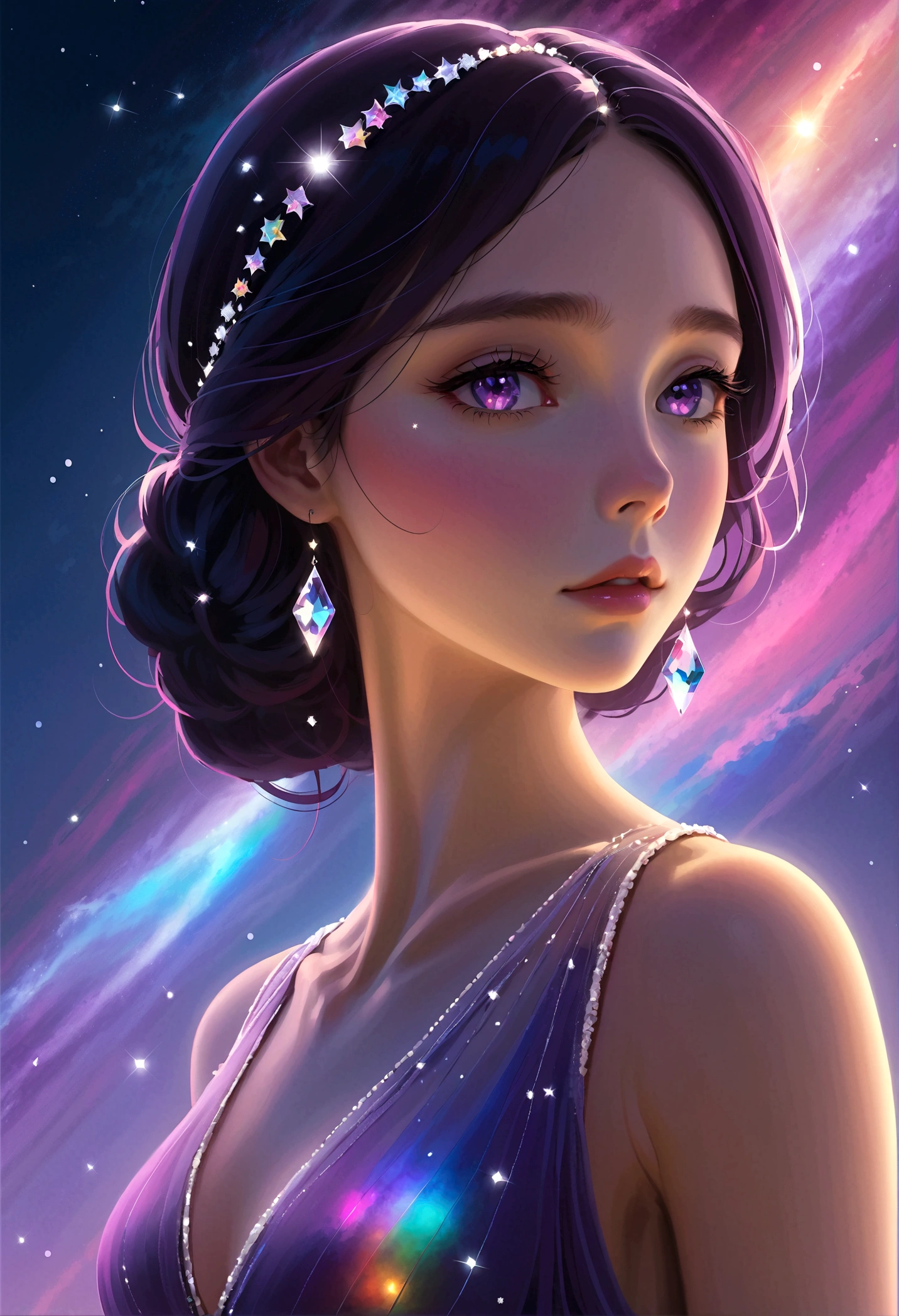 masterpiece, Cute girl, Break, Purple evening dress, High detail face, Upper Body, glare, Rainbow Colors, Global Illumination, Soft Light, Light of Dreams, number, 8K Close-up, fantasy, Night Sky, Star, nebula, White crystal, moonlight, peaceful, summer, (8K:1.1)