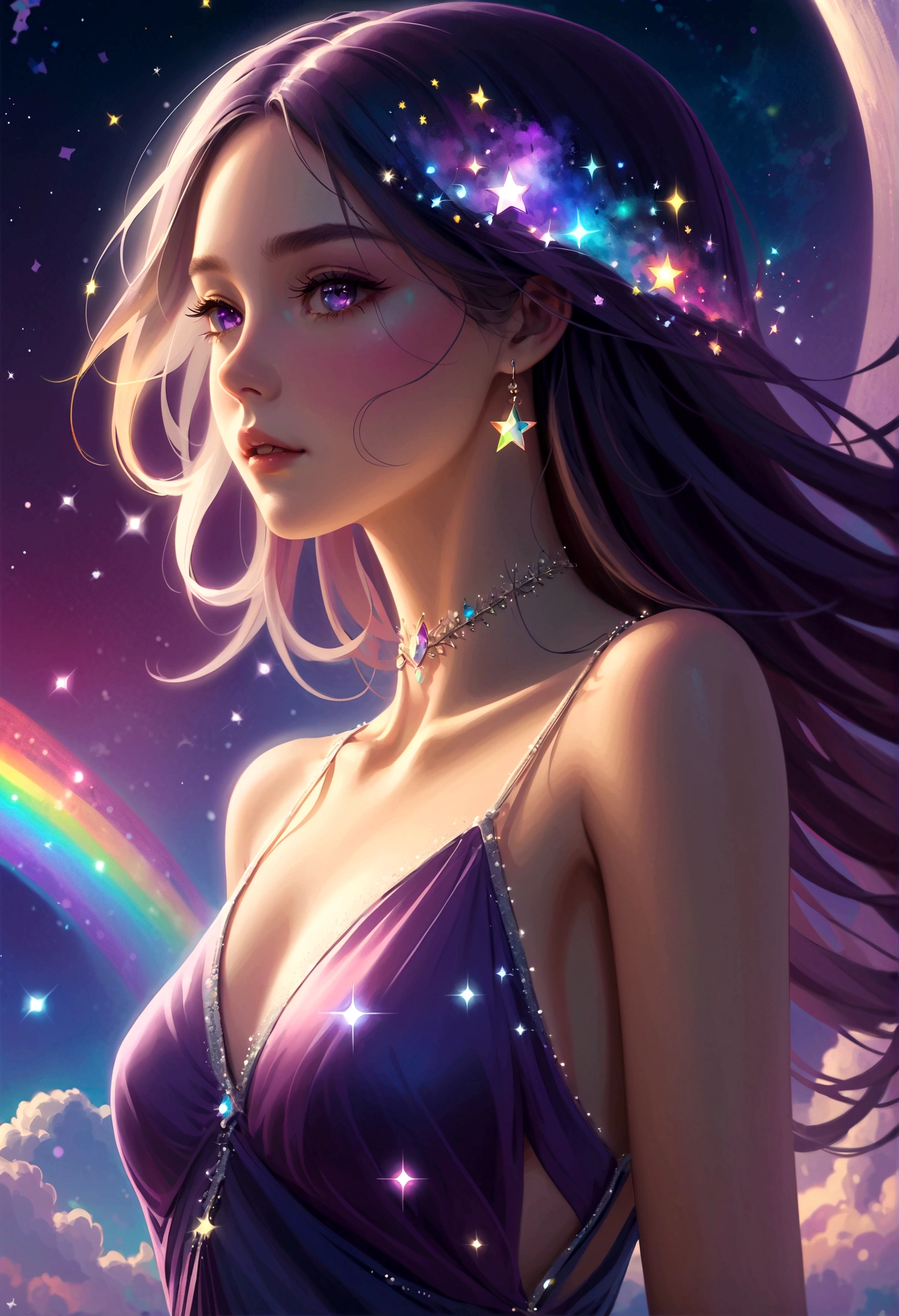 masterpiece, Cute girl, Break, Purple evening dress, High detail face, Upper Body, glare, Rainbow Colors, Global Illumination, Soft Light, Light of Dreams, number, 8K Close-up, fantasy, Night Sky, Star, nebula, White crystal, moonlight, peaceful, summer, (8K:1.1)