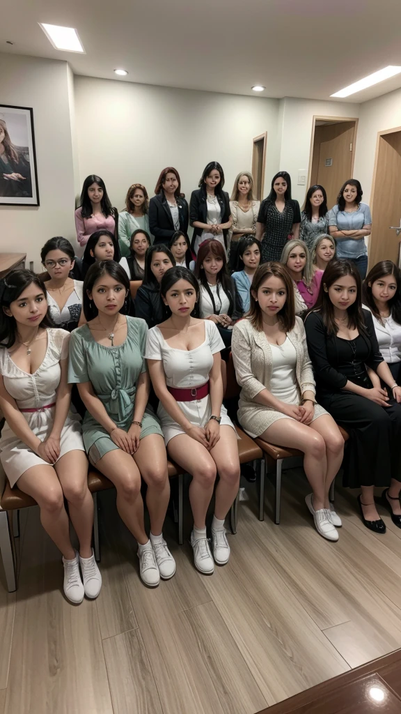 Um grupo de mulheres, em uma sala,todas  ajoelhadas, com as roupas rasgada