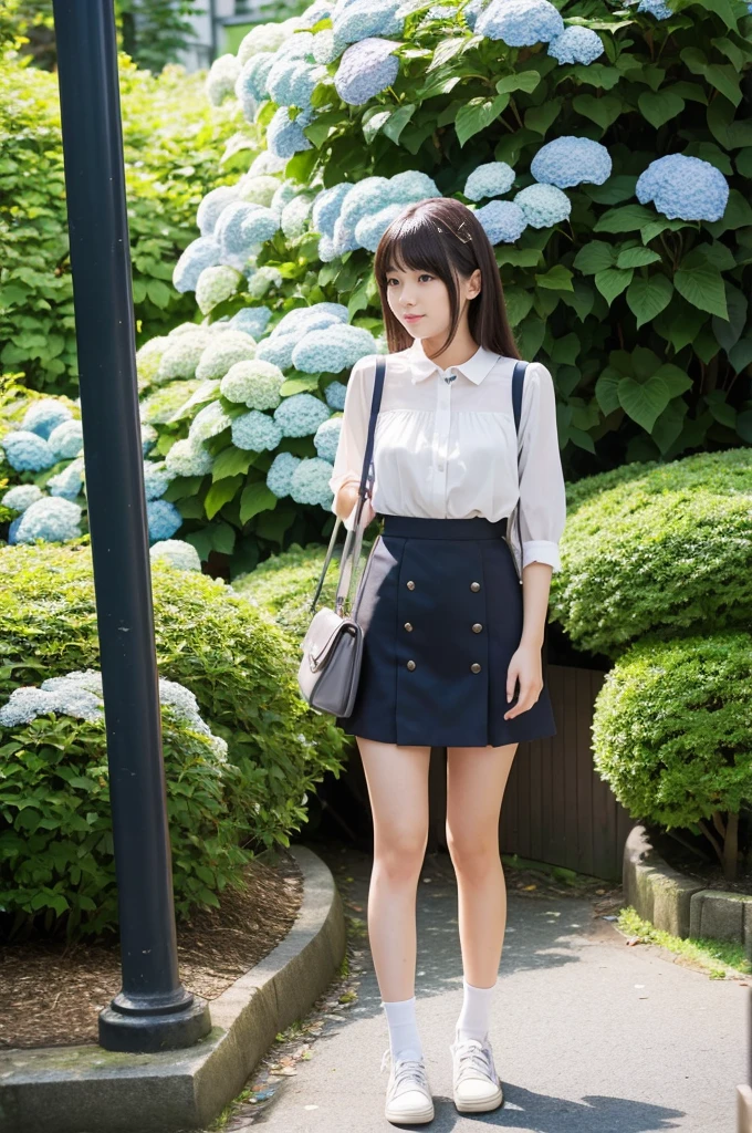 A 21-year-old girl wearing a miniskirt、In the hydrangea park。