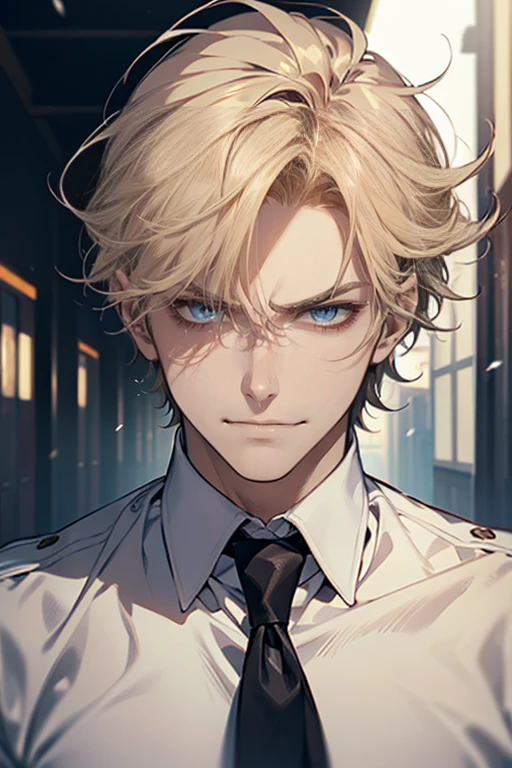 (tmasterpiece, high resolution, ultra - detailed:1.0), (1 boy, Young male, masculine face), Perfect male body, tall and strong, Adult male, Delicate eyes and delicate face, Extremely detailed CG, Unity 8k wallpaper, Complicated details, Detailed face, (blond hair, messy hair, serious faces, white shirts,Bad students), (frown,evil smile:1.3), stad in school corridor, street style, color difference, Depth of field, dramatic shadow, Ray tracing, Best quality, Cinematic lighting, offcial art,Portrait